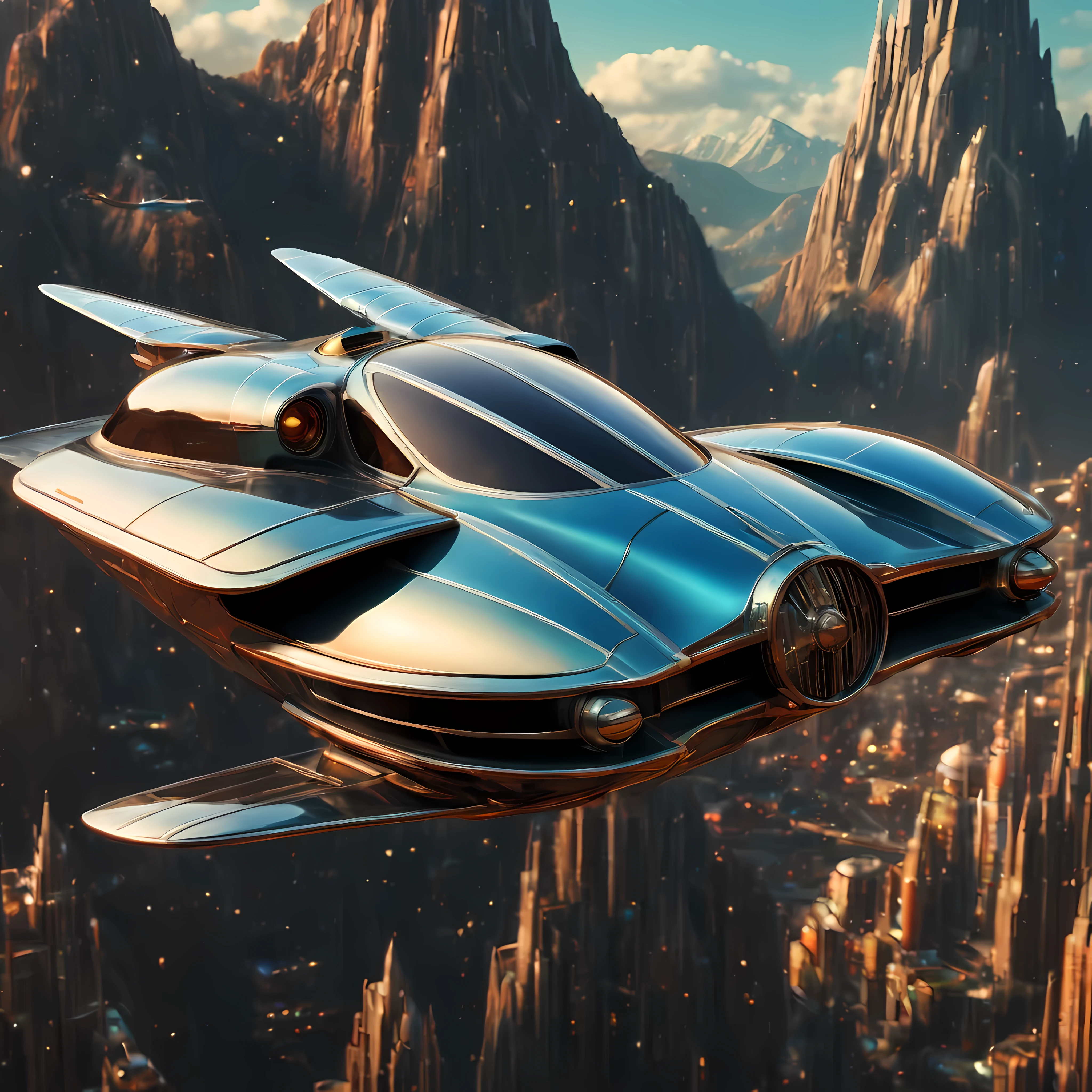 art deco style flying car, art deco style science fiction, background is vast mountain (best quality,4k,8k,highres,masterpiece:1.2),ultra-detailed,(realistic,photorealistic,photo-realistic:1.37),HDR,UHD,studio lighting,ultra-fine painting,sharp focus,physically-based rendering,extreme detail description,professional,vivid colors,bokeh.