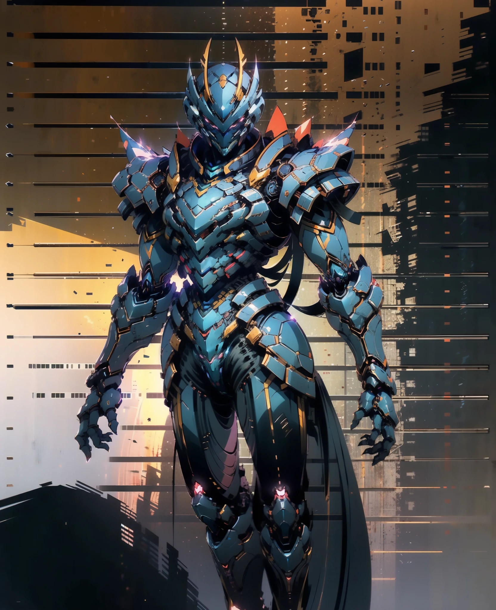 A woman adorned in fantasy-style full-body armor, a crown-concept fully enclosed helmet that unveils only her eyes, a composite layered chest plate, fully encompassing shoulder and hand guards, a lightweight waist armor, form-fitting shin guards, the overall design is heavy-duty yet flexible, (the armor gleams with a golden glow, complemented by red and blue accents), exhibiting a noble aura, she floats above a fantasy-surreal high-tech city, this character embodies a finely crafted fantasy-surreal style armored hero in anime style, exquisite and mature manga art style, (Queen Bee Concept Armor, plasma, blood), ((Element, bio mecha, long legs, elegant, goddess, femminine:1.5)), metallic, high definition, best quality, highres, ultra-detailed, ultra-fine painting, extremely delicate, professional, anatomically correct, symmetrical face, extremely detailed eyes and face, high quality eyes, creativity, RAW photo, UHD, 32k, Natural light, cinematic lighting, masterpiece-anatomy-perfect, masterpiece:1.5