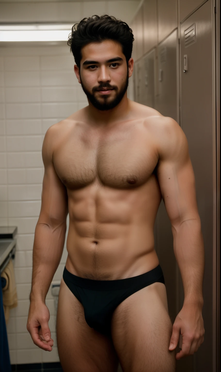 Two men pictured a young, thin man next to his sexy muscular 25-year-old teacher, together in the school locker room; first the young man, hairy, is submissive, of short size, without clothing, curly hair, brown skin, youthful face, full body, body with hair on chest, thin and weak body, hairy only in lower part; on the other hand, the 25-year-old professor with eyeglasses, muscular body, large pectorals, tall, dominant, without clothing very short and straight black hair, Caucasian or white skin, youthful face, full body, lots and lots of hair on chest, small beard of a day, hairy in the lower part; highly detailed skin, skin pores, school clothing, sunny weather, steam, showers, 8k uhd, dslr, dim lighting, high quality, film grain, Fujifilm XT3