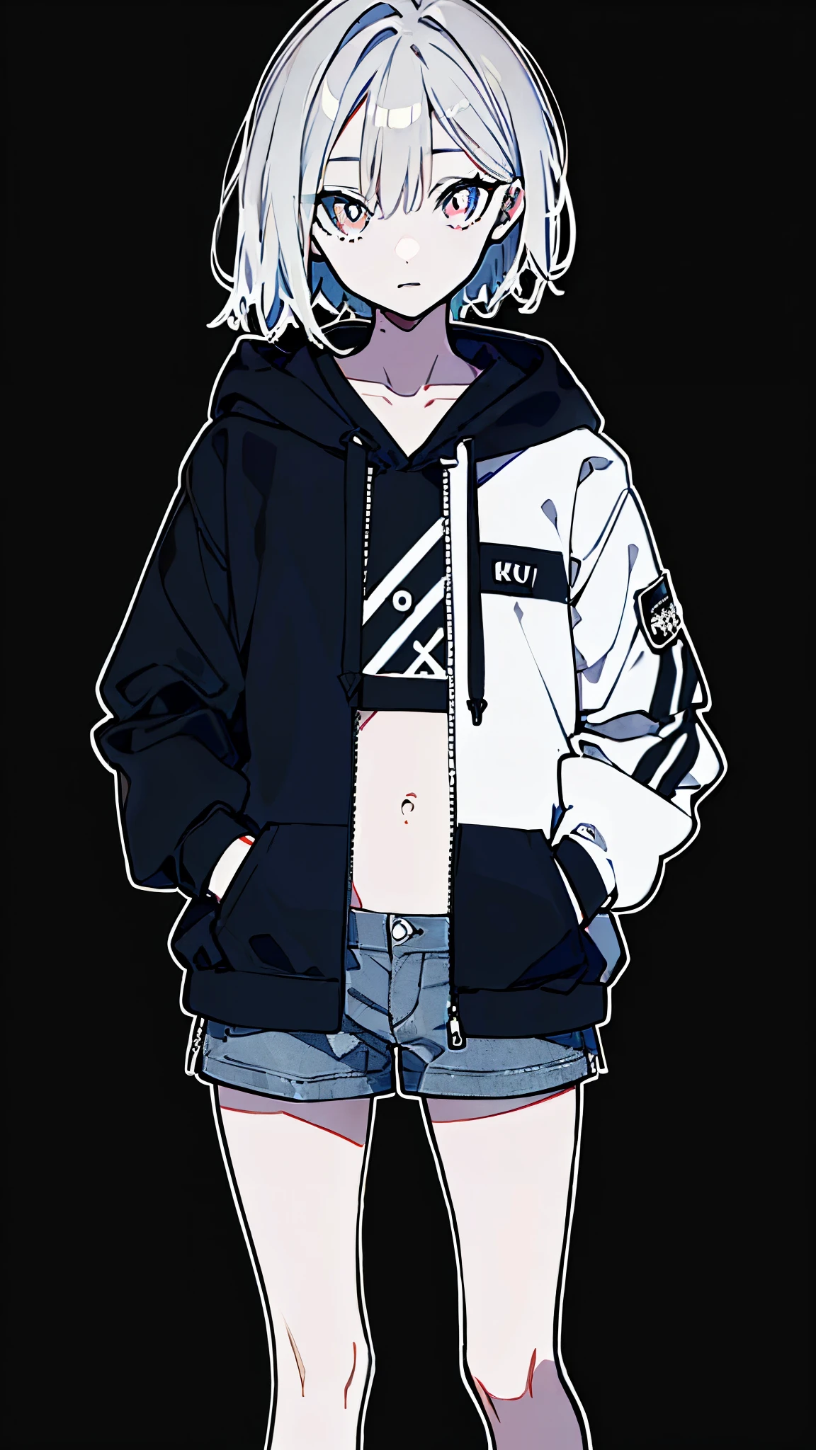 (masterpiece, highest quality:1.6), alone, thick outline, (simple background, light black background, monochrome, light black theme:1.2), official art, Key Visual, 8K, disorganized, whole body, (unique hair, oversized hoodie, hot pants, wearing a hood, arch back, short torso:1.2), belly button, thighs, cowboy shot, HDR, sharp focus, High resolution, most detailed, very detailed, Super detailed, finely, detailed eyes and face, sharp pupils, realistic student, solo, hands in pockets