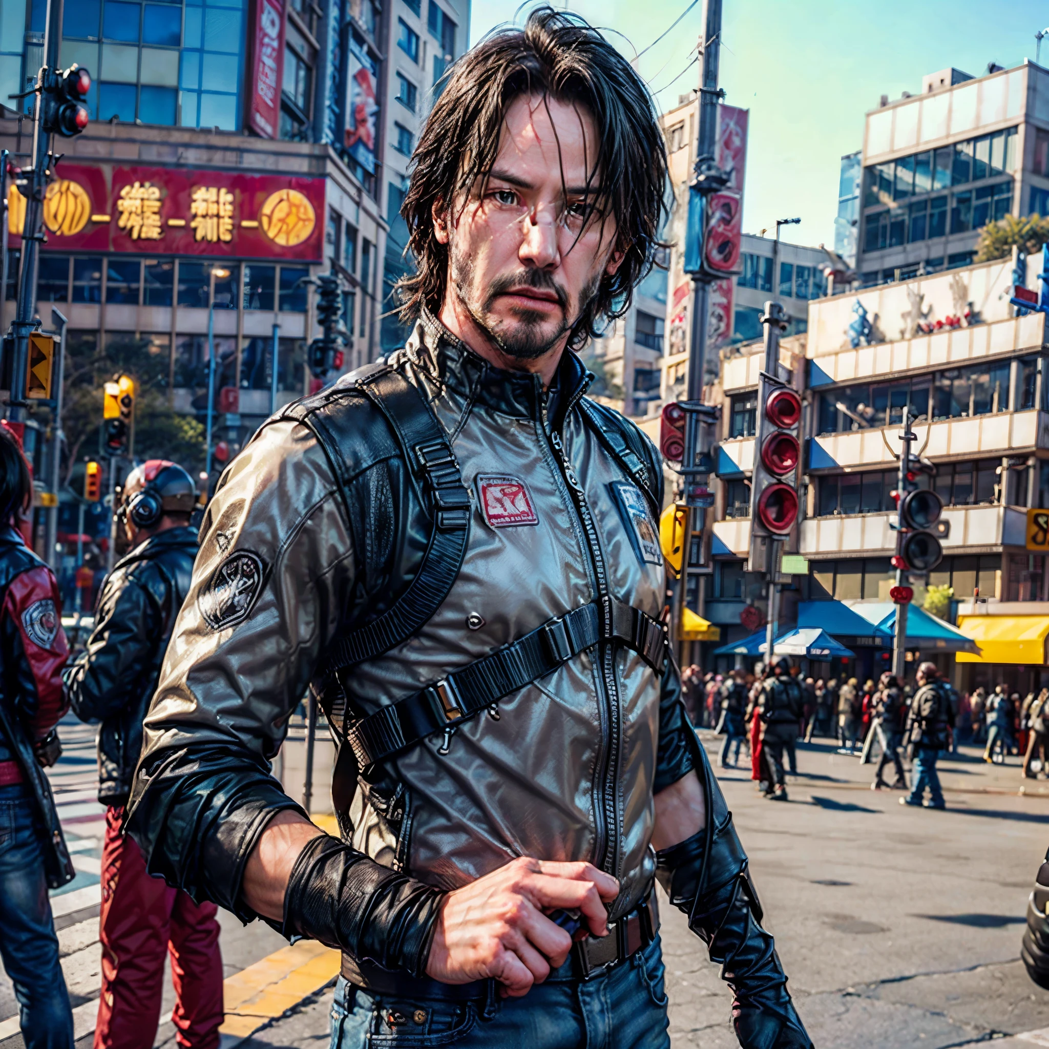 Keanu Reeves, (ulra-pro-photo-realistic: 1.6), Complex Detail, fine details, hyper-detailing, ray traced, Subsurface dispersion, Diffused soft lighting, Shallow depth of field, by Oliver Wetter, an intricate, ultra high-detailed, ultra sharp-focus, tension, Photorealistic painting (by Greg Rutkowsky:1.4), bokeh, The left arm of the robot is made of silver, T-shirt bulletproof vest on a naked body, purple jeans, Black Boots, cyberpunk 2077, Red Aviator Glasses, Silver prosthetic arm, in full height, Sateen, hairstyle, shoulder-length hair, Tatoo, Johnny Silverhand, Holds an electric guitar, Open Stage, city of the future, A lot of spectators, Black skyscrapers, ulra high-resolution, ultra high-quality, uhd, hdr