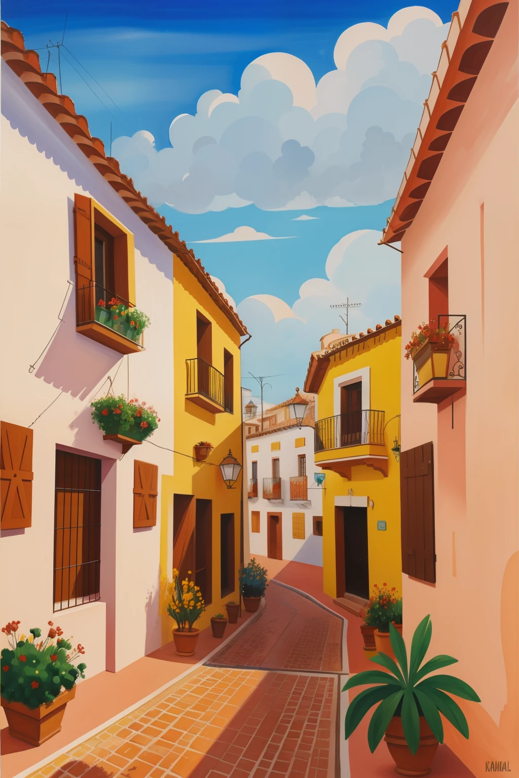 February spain scene, gouache, colorful