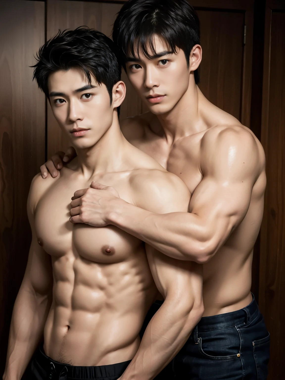 Two Japanese men, six pack, handsome, dark hair, 25 years old, nude, white skin, muscular, attractive, athletic, sexy, hugging, portrait
