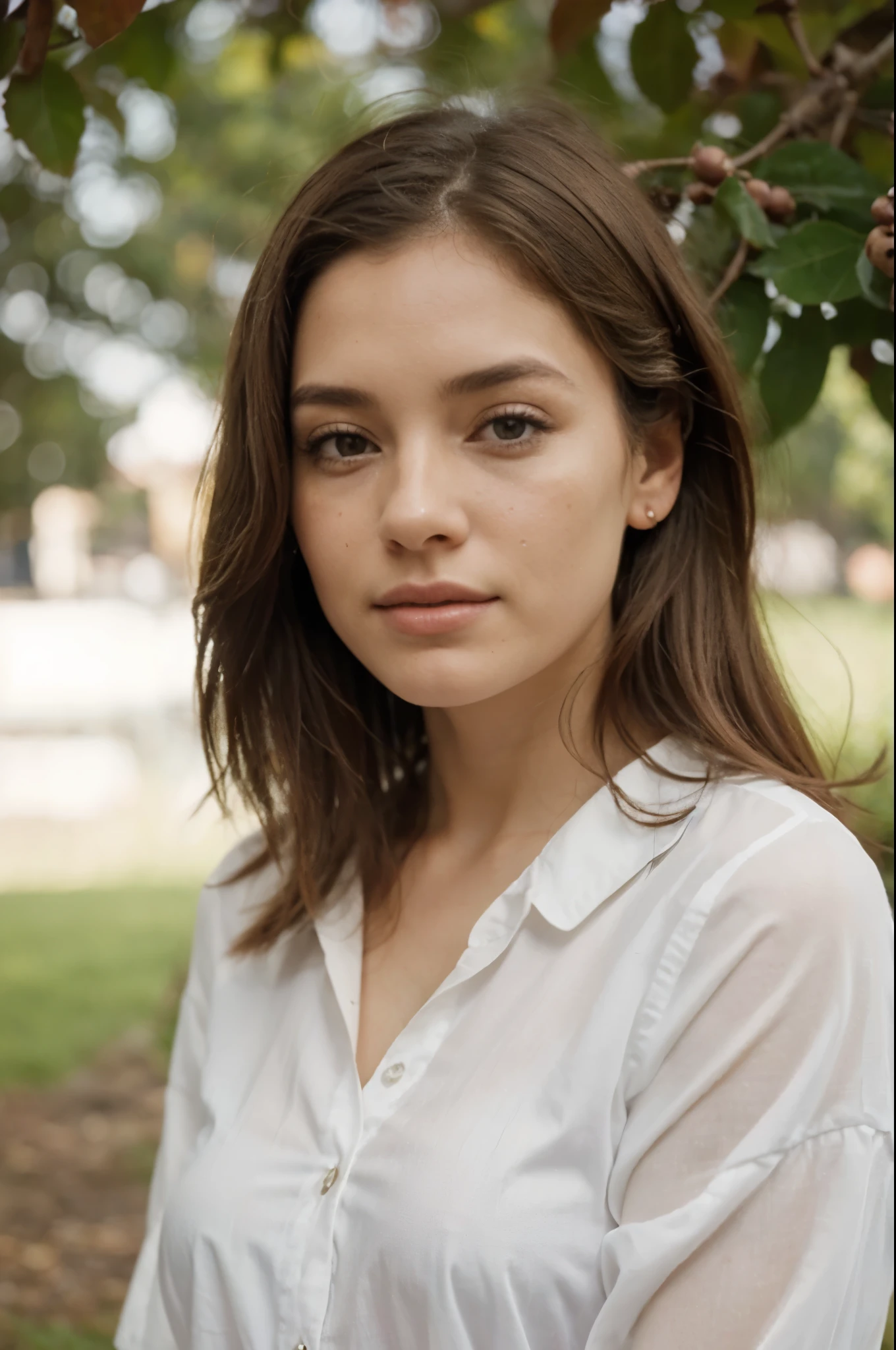 mujer, By the chestnut, con ondulaciones, con degrade, piel blanca, piel con detalles rojisos, hair with small wrinkles, piel con pecas, camisa blanca, mirando de frente,sonriendo, que se le vean los dientes
