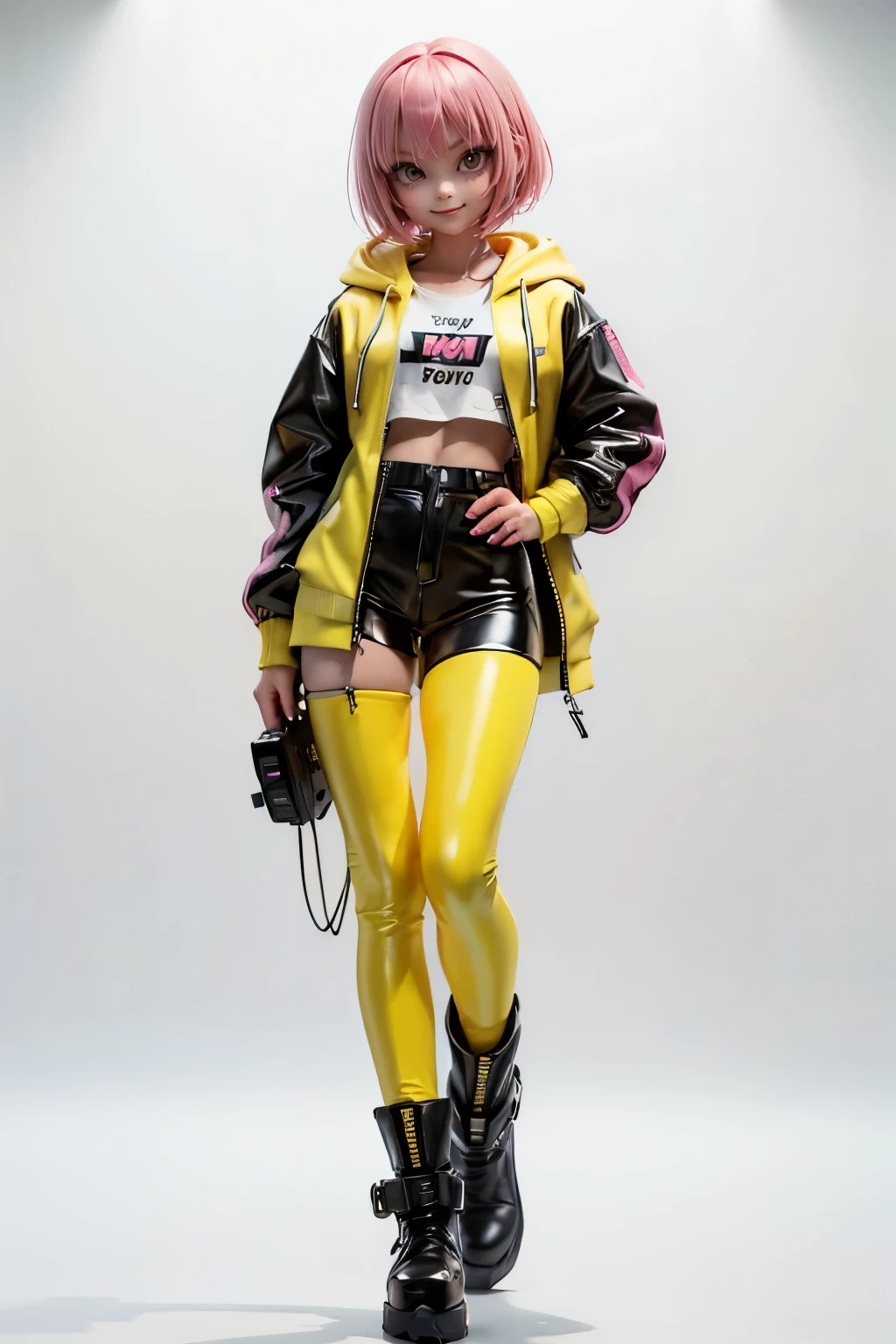 (1beautiful girl), (pink bob cut hair), 18 year old, joy, smile, yellow and light green vinyl jacket, hoodie, futuristic cyberpunk style、black vinyl pants、pink vinyl boots、standing, (just the Front view), full body, concept art、((Simple white background))