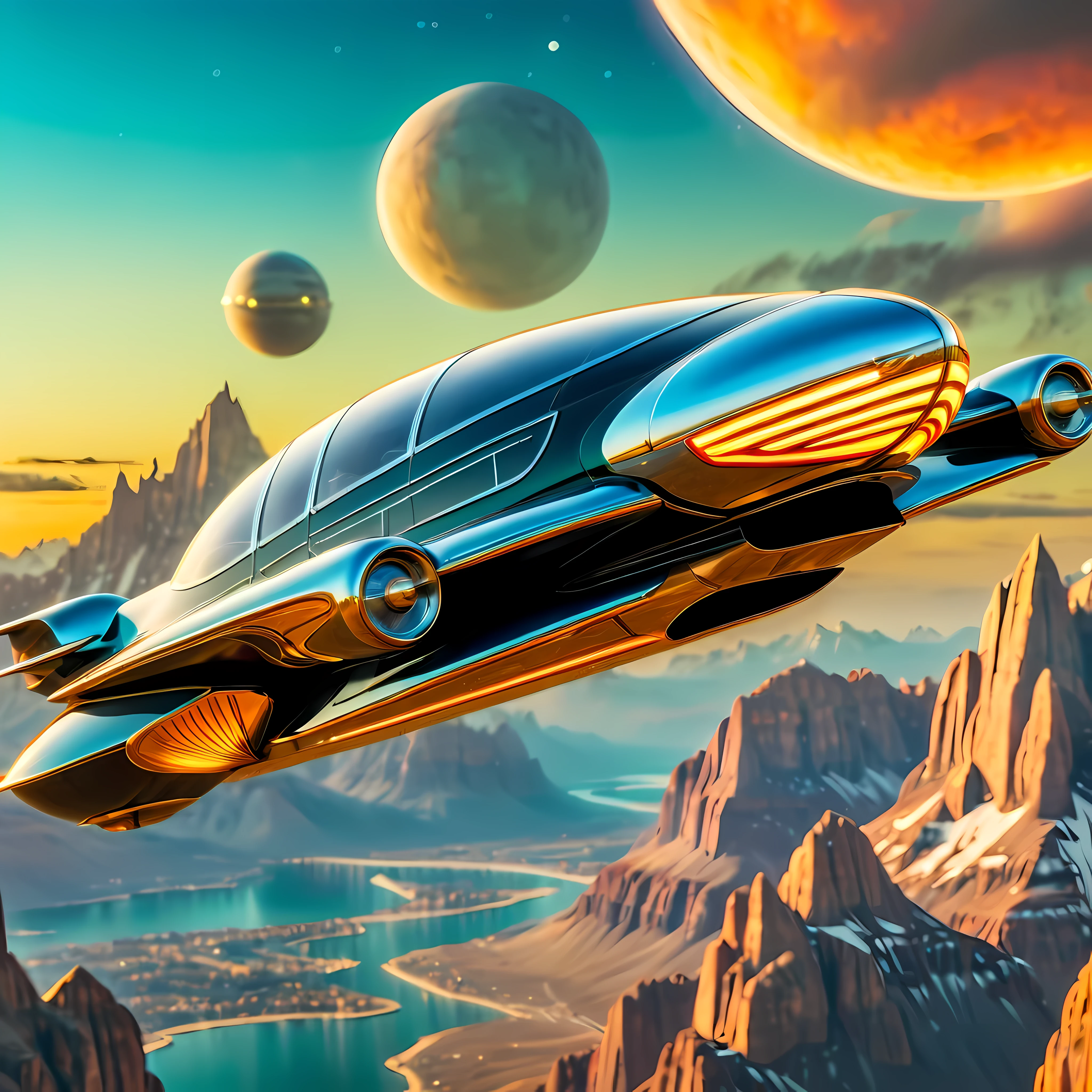 art deco style flying car, art deco style science fiction, background is vast mountain

(best quality,4k,8k,highres,masterpiece:1.2),ultra-detailed,(realistic,photorealistic,photo-realistic:1.37),HDR,UHD,studio lighting,ultra-fine painting,sharp focus,physically-based rendering,extreme detail description,professional,vivid colors,bokeh.