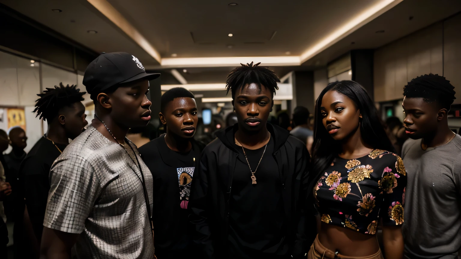 A group of black young men and women dressed in modern casual wear at night party. There clothes have flowery design on them. Dark environment, dreary, cinematic lighting, All africans.