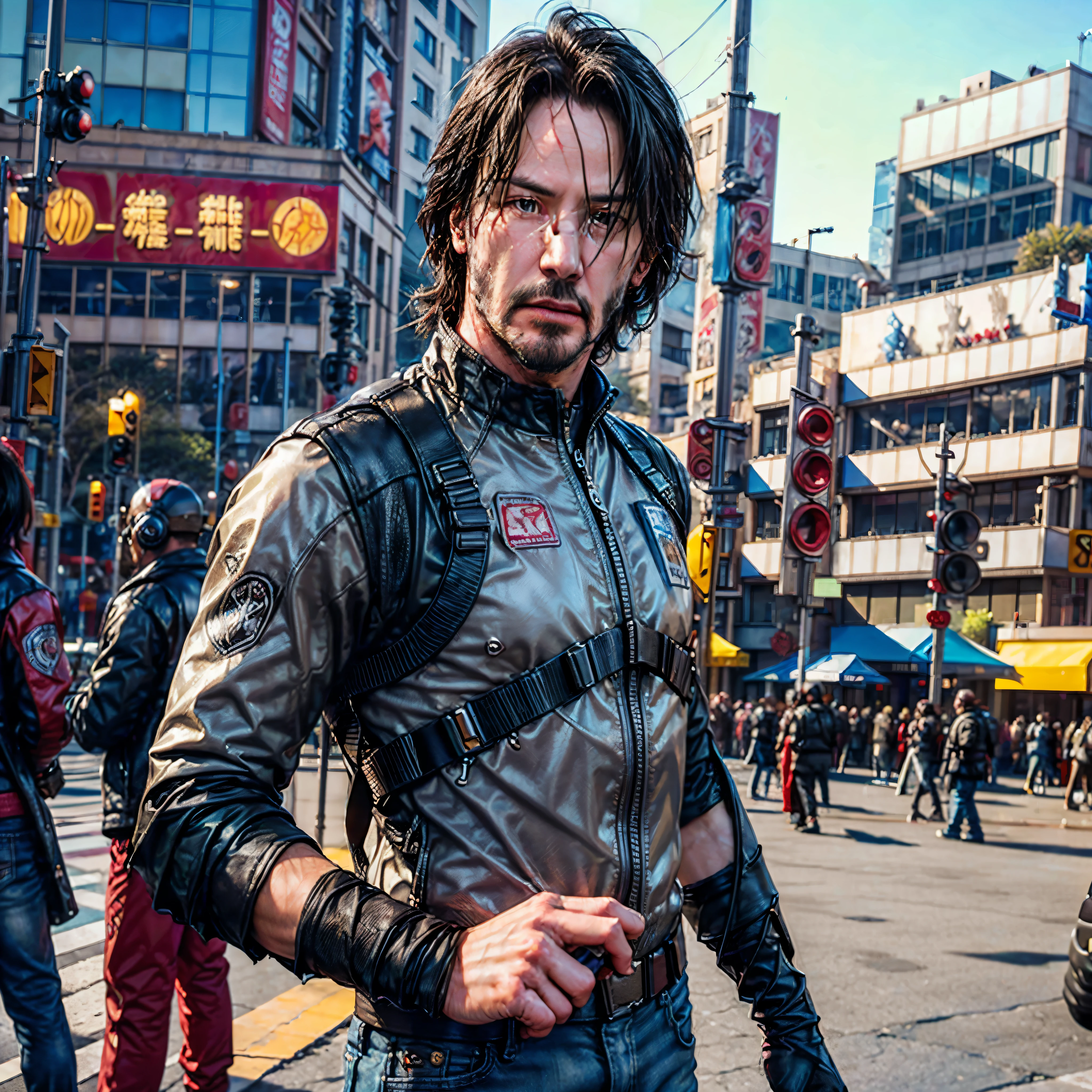 Keanu Reeves, (ulra-pro-photo-realistic: 1.6), Complex Detail, fine details, hyper-detailing, ray traced, Subsurface dispersion, Diffused soft lighting, Shallow depth of field, by Oliver Wetter, an intricate, ultra high-detailed, ultra sharp-focus, tension, Photorealistic painting (by Greg Rutkowsky:1.4), bokeh, The left arm of the robot is made of silver, T-shirt bulletproof vest on a naked body, purple jeans, Black Boots, cyberpunk 2077, Red Aviator Glasses, Silver prosthetic arm, in full height, Sateen, hairstyle, shoulder-length hair, Tatoo, Johnny Silverhand, Holds an electric guitar, Open Stage, city of the future, A lot of spectators, Black skyscrapers, ulra high-resolution, ultra high-quality, uhd, hdr