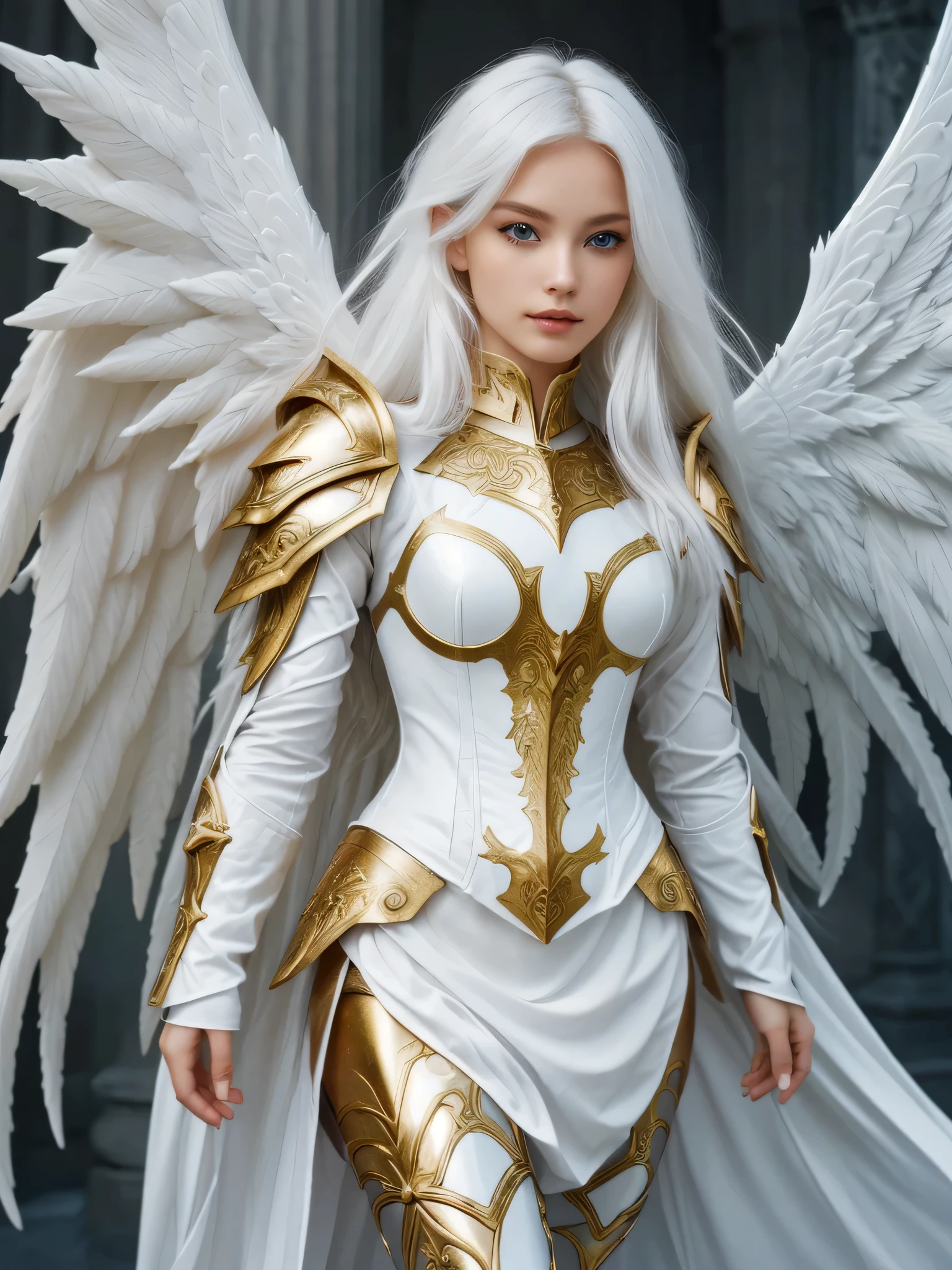 beautiful young angel with a sword, long white hair, beautiful armor, detailed white armor, stunning armor, angelic gold highlighted armor, angel knight girl, angel in plastic armor, white armor, full - body majestic angel, intricate white and gold armor, angel knight gothic girl, beautiful angelic wings, epic angel wings, armor angle with wing, stunning cgsociety, ultra realistic, perfect face, detailed face, perfect eyes, perfect nose, white hair, photograph head to toes
