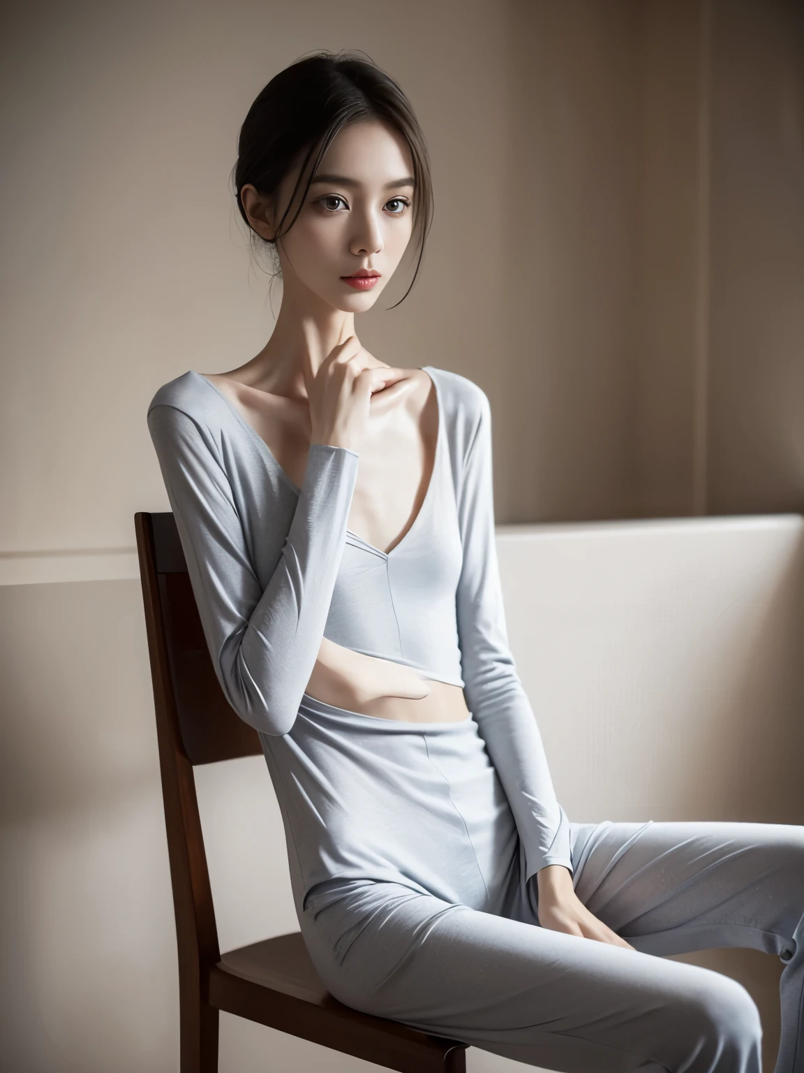 (Photorealistic),(Masterpiece),(ultra-detailed),a tall very beautiful and extremely thin girl who is literally just skin and bones because of being severely malnourished and looks so fragile and delicate and has big eyes and very small head, can see all her bones,sitting on a chair,she has very small and thin body frame and legs,wearing loose long sleeved pajamas and pants,extremely slender build,hands on stomach because of being so hungry
