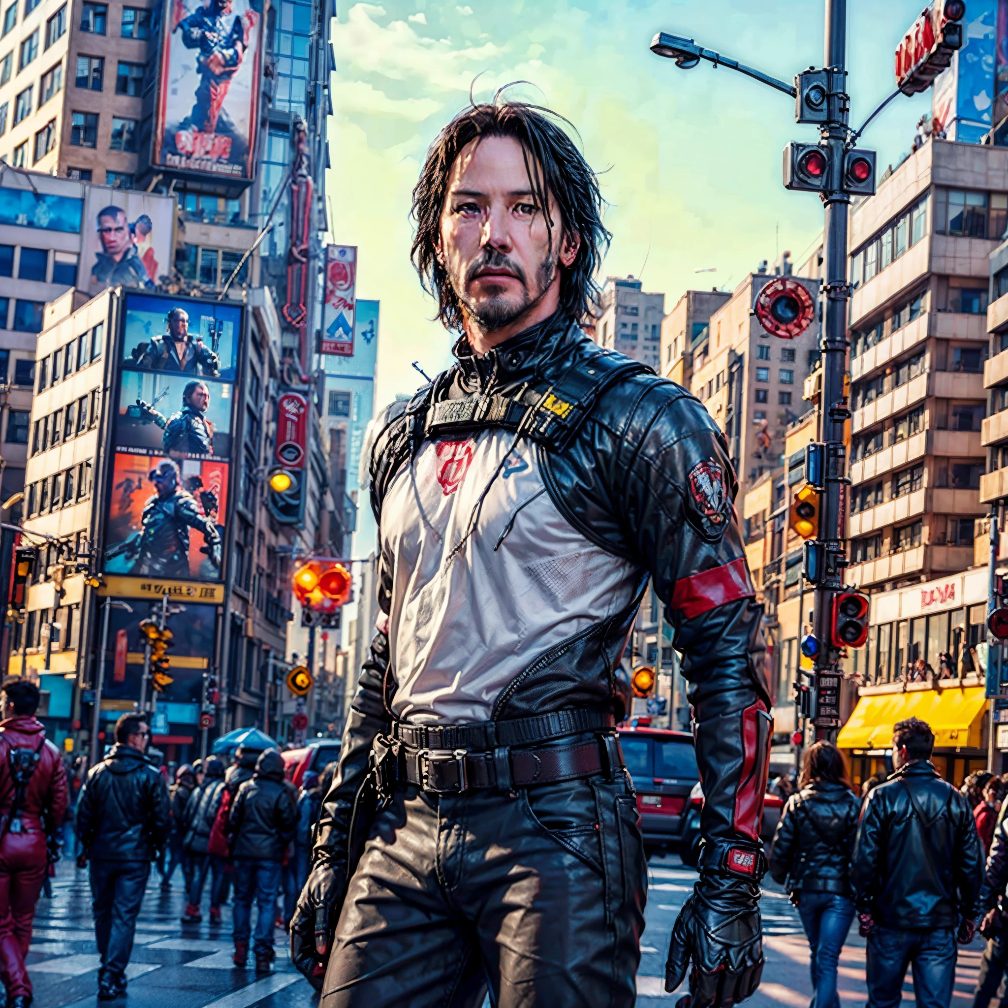 Keanu Reeves, (ulra-pro-photo-realistic: 1.6), Complex Detail, fine details, hyper-detailing, ray traced, Subsurface dispersion, Diffused soft lighting, Shallow depth of field, by Oliver Wetter, an intricate, ultra high-detailed, ultra sharp-focus, tension, Photorealistic painting (by Greg Rutkowsky:1.4), bokeh, The left arm of the robot is made of silver, T-shirt bulletproof vest on a naked body, purple jeans, Black Boots, cyberpunk 2077, Red Aviator Glasses, Silver prosthetic arm, in full height, Sateen, hairstyle, shoulder-length hair, Tatoo, Johnny Silverhand, Holds an electric guitar, Open Stage, city of the future, A lot of spectators, Black skyscrapers, ulra high-resolution, ultra high-quality, uhd, hdr