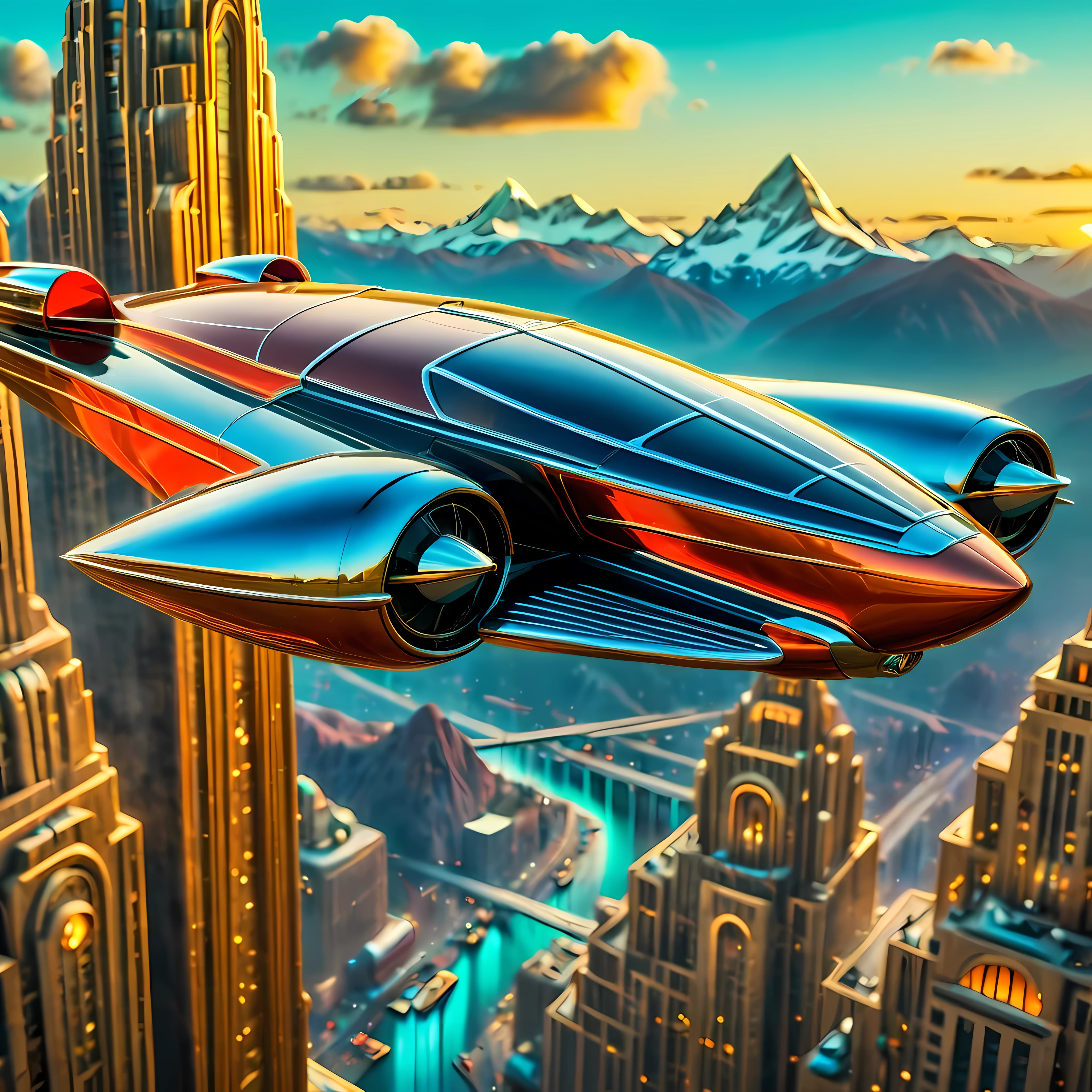 art deco style flying car, art deco style science fiction, background is vast mountain

(best quality,4k,8k,highres,masterpiece:1.2),ultra-detailed,(realistic,photorealistic,photo-realistic:1.37),HDR,UHD,studio lighting,ultra-fine painting,sharp focus,physically-based rendering,extreme detail description,professional,vivid colors,bokeh.