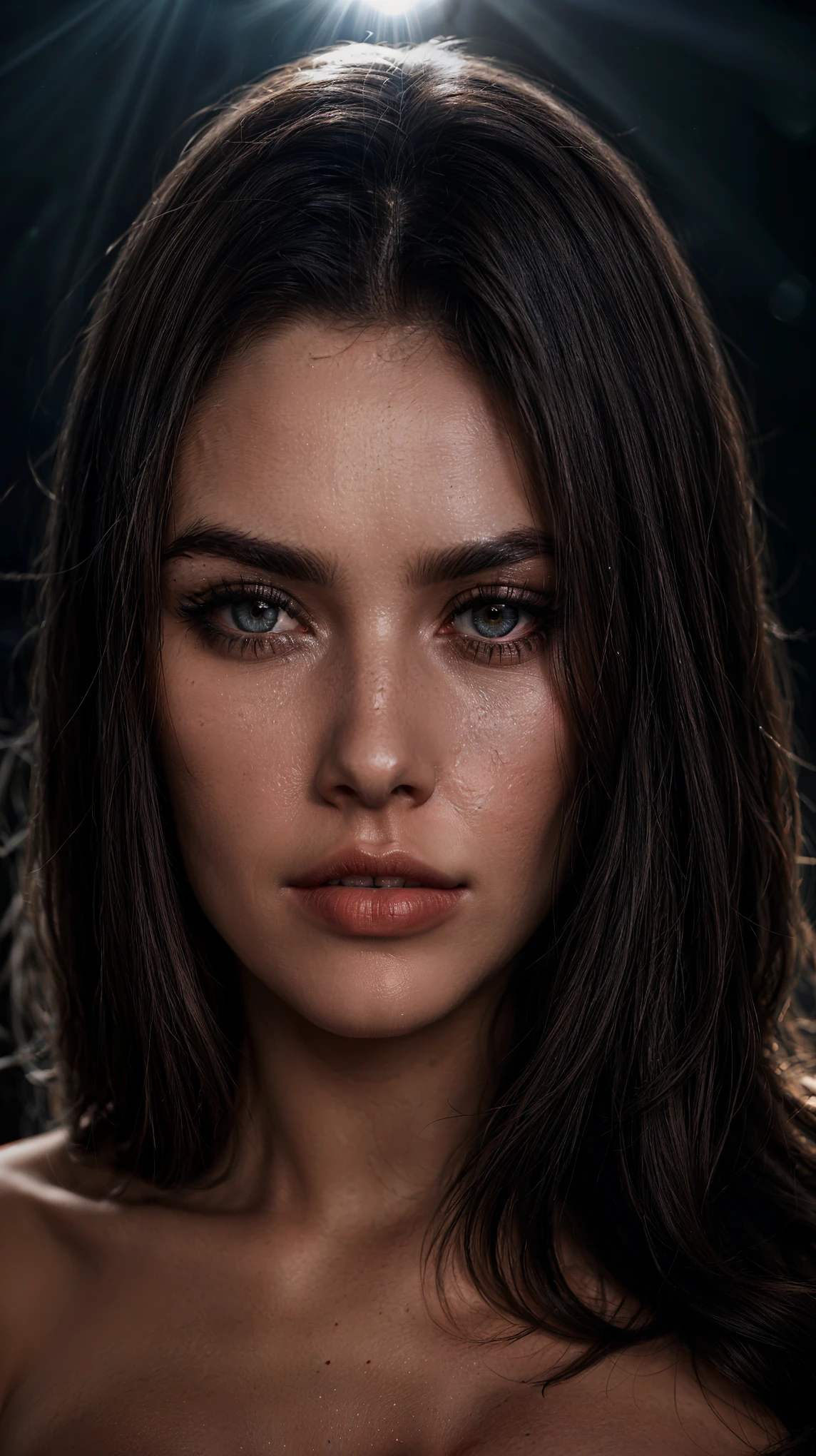 ((ultra realistic)), Photo, High quality, (ultra-detailed face and eyes: 1.2), portrait of a naked girl, wavy dark hair, Detailed eyebrows, (Eye makeup, mascara, eyeliner, long eyelashes), large detailed lips, cheekbones. Natural large breasts with realistic nipples. on a dark background. (Dark atmosphere, low lighting), ((rays)) ((strong background blur)) . (close-up, close to the camera), (ultra-detailed), ((cinematic)) 