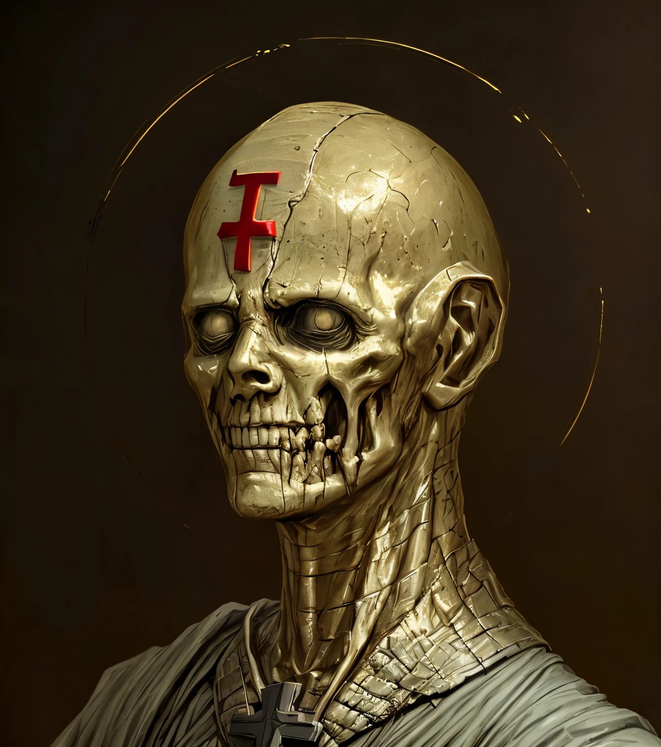 a close up of a statue of a man with a cross on his head, zombie in horror concept art, horror concept art, portrait of a holy necromancer, mummy portrait, dug stanat macabre art, silent hill concept art, face of a pale alien cultist, zdzislaw beksinski style, concept art of god