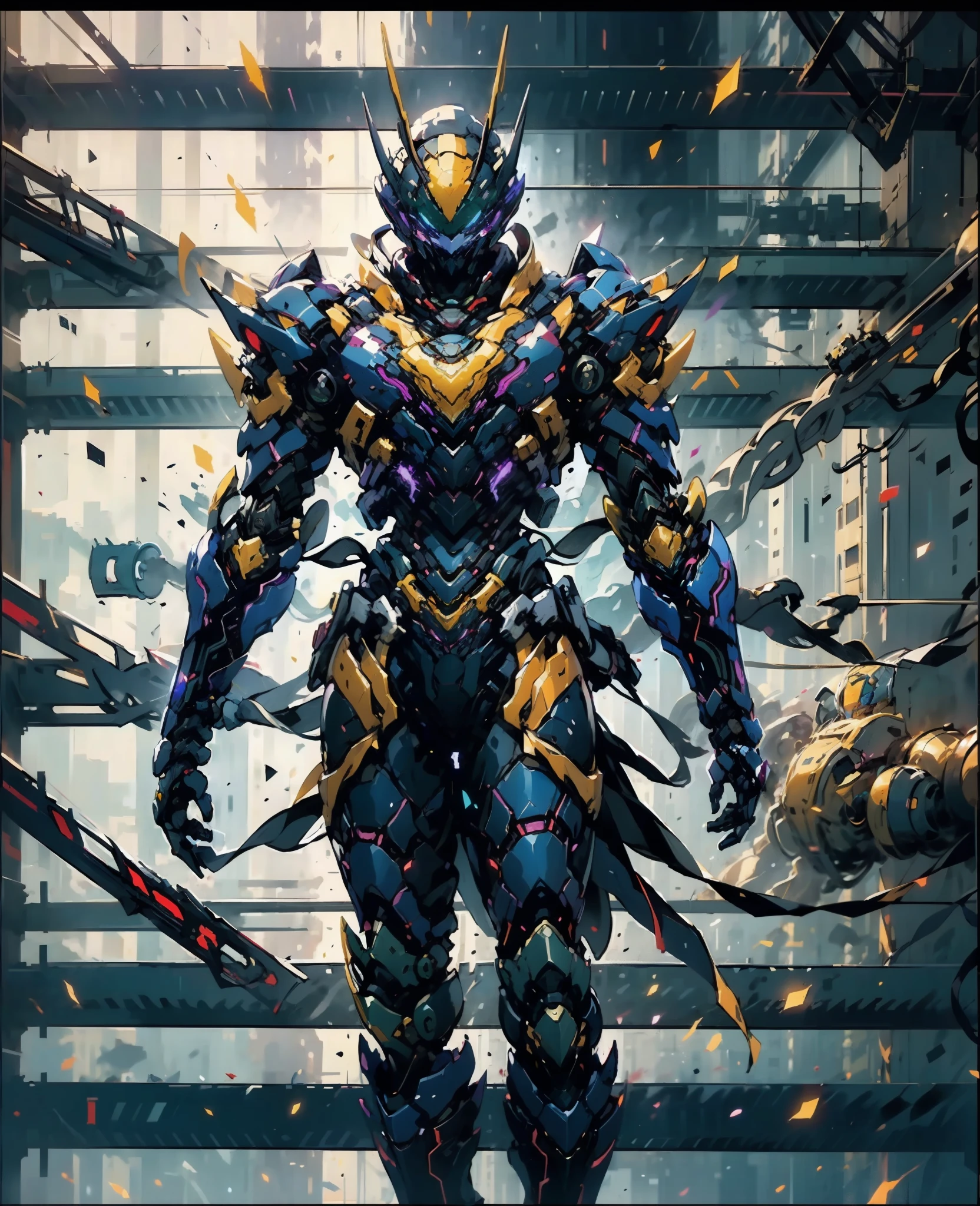 A woman adorned in fantasy-style full-body armor, a crown-concept fully enclosed helmet that unveils only her eyes, a composite layered chest plate, fully encompassing shoulder and hand guards, a lightweight waist armor, form-fitting shin guards, the overall design is heavy-duty yet flexible, (the armor gleams with a golden glow, complemented by red and blue accents), exhibiting a noble aura, she floats above a fantasy-surreal high-tech city, this character embodies a finely crafted fantasy-surreal style armored hero in anime style, exquisite and mature manga art style, (Queen Bee Concept Armor, plasma, blood), ((Element, bio mecha, long legs, elegant, goddess, femminine:1.5)), metallic, high definition, best quality, highres, ultra-detailed, ultra-fine painting, extremely delicate, professional, anatomically correct, symmetrical face, extremely detailed eyes and face, high quality eyes, creativity, RAW photo, UHD, 32k, Natural light, cinematic lighting, masterpiece-anatomy-perfect, masterpiece:1.5