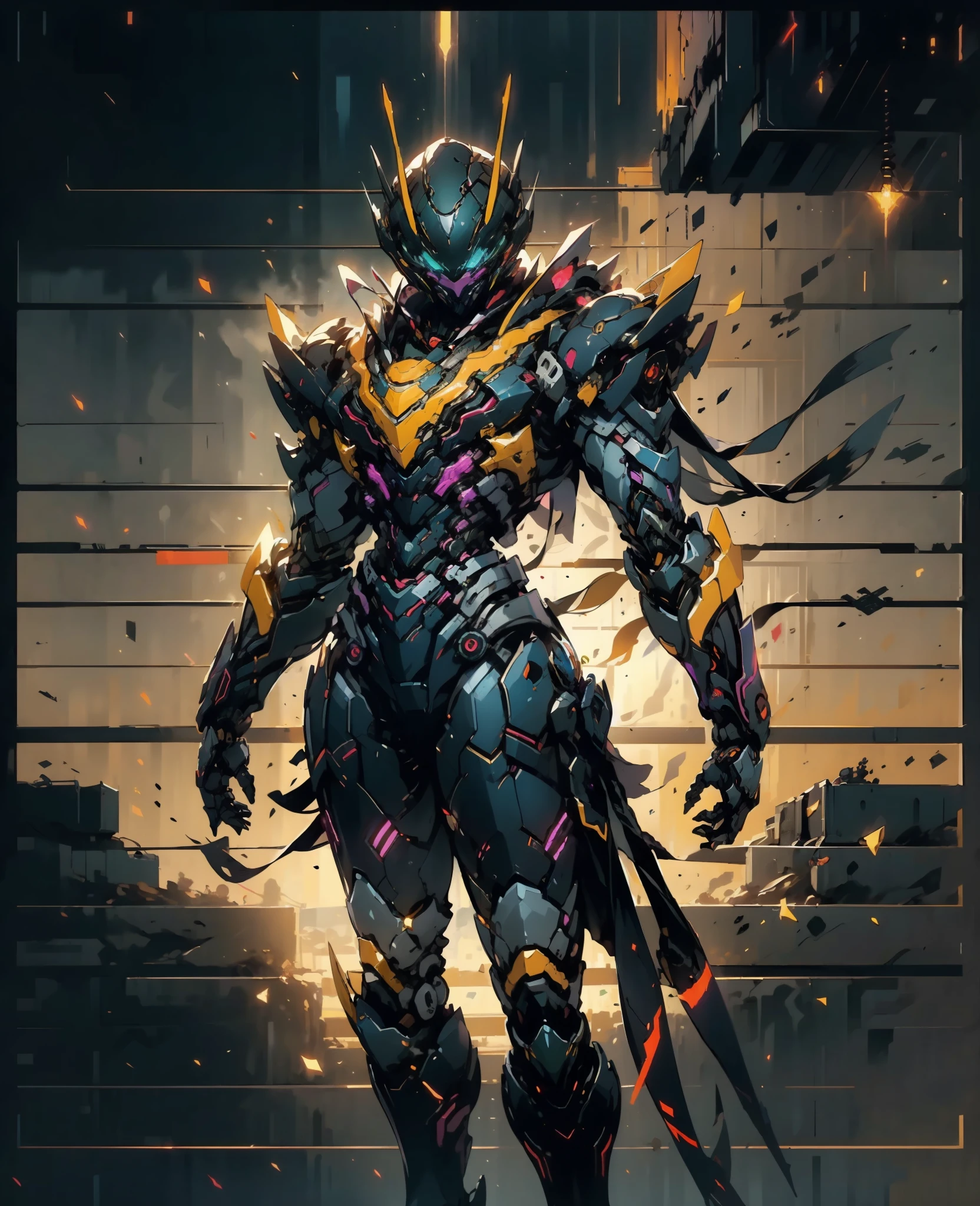 A woman adorned in fantasy-style full-body armor, a crown-concept fully enclosed helmet that unveils only her eyes, a composite layered chest plate, fully encompassing shoulder and hand guards, a lightweight waist armor, form-fitting shin guards, the overall design is heavy-duty yet flexible, (the armor gleams with a golden glow, complemented by red and blue accents), exhibiting a noble aura, she floats above a fantasy-surreal high-tech city, this character embodies a finely crafted fantasy-surreal style armored hero in anime style, exquisite and mature manga art style, (Queen Bee Concept Armor, plasma, blood), ((Element, bio mecha, long legs, elegant, goddess, femminine:1.5)), metallic, high definition, best quality, highres, ultra-detailed, ultra-fine painting, extremely delicate, professional, anatomically correct, symmetrical face, extremely detailed eyes and face, high quality eyes, creativity, RAW photo, UHD, 32k, Natural light, cinematic lighting, masterpiece-anatomy-perfect, masterpiece:1.5
