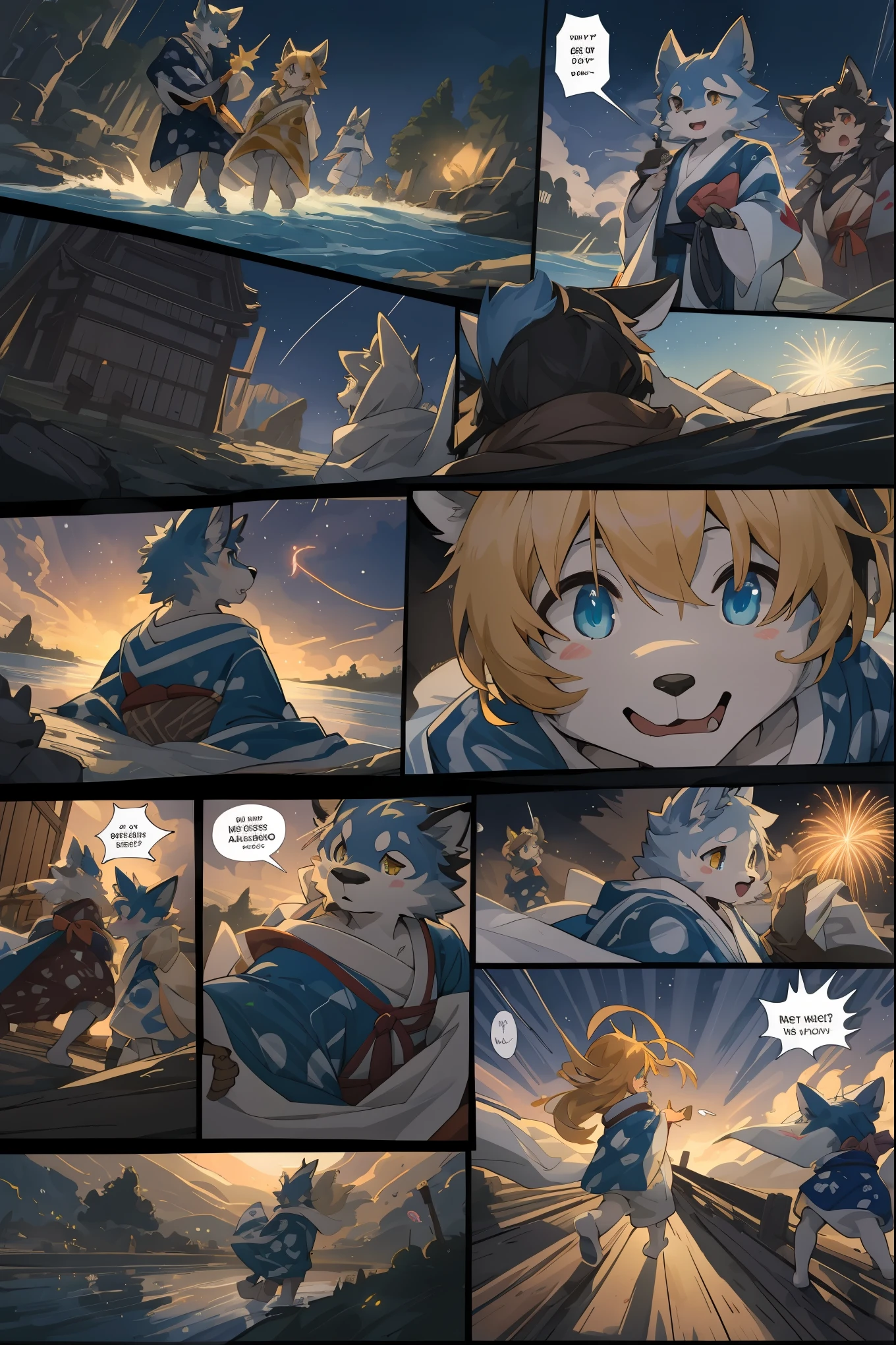 top quality, best quality, highres, masterpiece, super high resolution, detailed background, lake, nigh sky, firework, japanese yukata, 6+boys, 6+girls, absurdres(highly detailed beautiful face and eyes)perfect anatomy, good lighting, cinematic shadow(kemono, furry anthro)assorted expressions, assorted poses, assorted angles, full body, upper shot, dynamic angle(girls comic-like panel layouts, speech balloon, English text, Hand-drawn sound effects stickers used in girls comic),