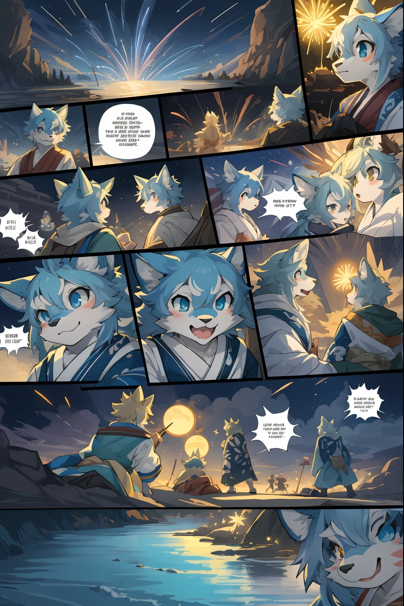 top quality, best quality, highres, masterpiece, super high resolution, detailed background, lake, nigh sky, firework, japanese yukata, 6+boys, 6+girls, absurdres(highly detailed beautiful face and eyes)perfect anatomy, good lighting, cinematic shadow(kemono, furry anthro)assorted expressions, assorted poses, assorted angles, full body, upper shot, dynamic angle(girls comic-like panel layouts, speech balloon, English text, Hand-drawn sound effects stickers used in girls comic),