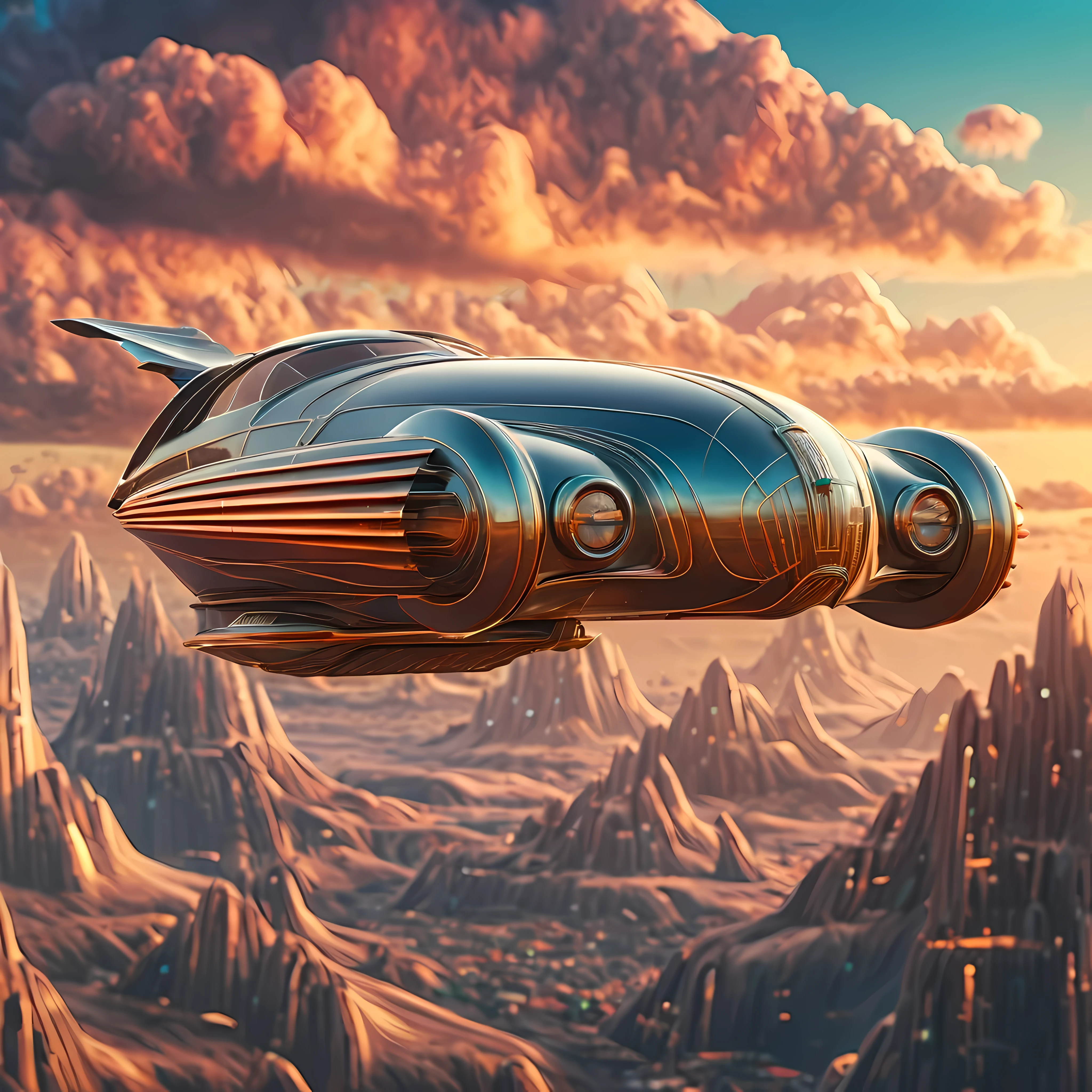 art deco style flying car, art deco style science fiction, background is vast mountain

(best quality,4k,8k,highres,masterpiece:1.2),ultra-detailed,(realistic,photorealistic,photo-realistic:1.37),HDR,UHD,studio lighting,ultra-fine painting,sharp focus,physically-based rendering,extreme detail description,professional,vivid colors,bokeh.