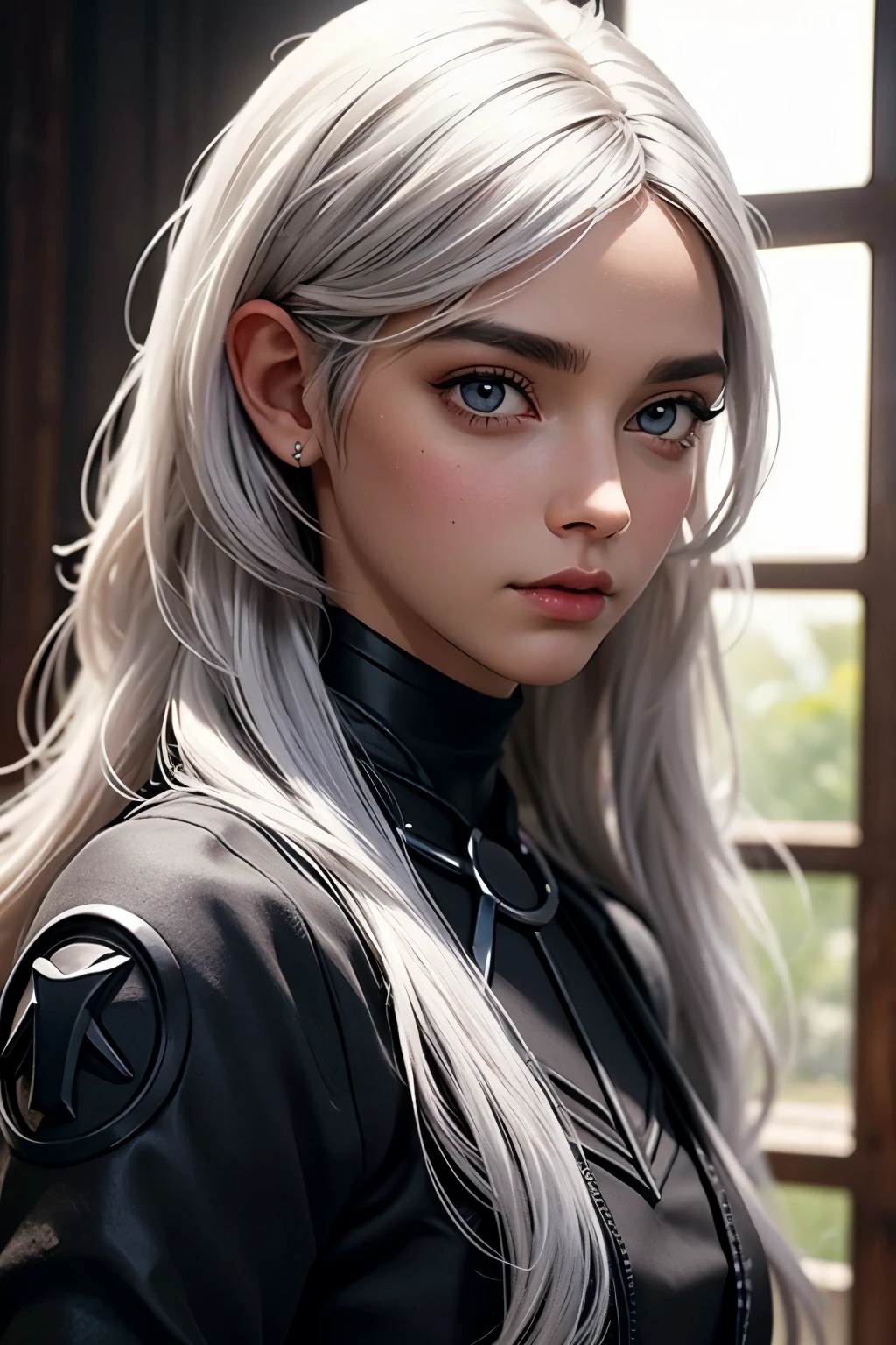 Beautiful dark elf woman with white hair and ebony skin with pet black panther