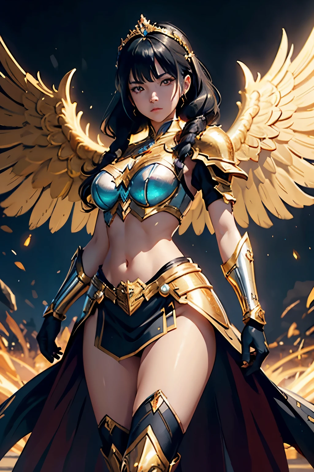 Photo of an anime Royal princess 30y girl with a robotic armor, in gold and white armor valorant art style, heavy armor gloves and boots, majestic simple tiara, pelvic curtain, short black hair in twintails, looking at viewer, head tilt, midriff, symmetrical facial features, sharp focus, 8 k high definition, insanely detailed, stylized Wonderwoman belt bucle, elegant, breathtaking , bright golden eyes extremely detailed, armor of iridescent metals, fantasy, intricate, stylized gold and white fiery wings (large guardian angel white feathers wings:0.9), (swirling energy:0.4), digital painting, artstation, concept art, illustration, art by ilya kuvshinov and wlop and z - - ed and tian zi, stanley lau and artgerm, , V-Ray, full hd -- s5000 --uplight --q 3 --stop 80--w 0.5 --ar 1:3