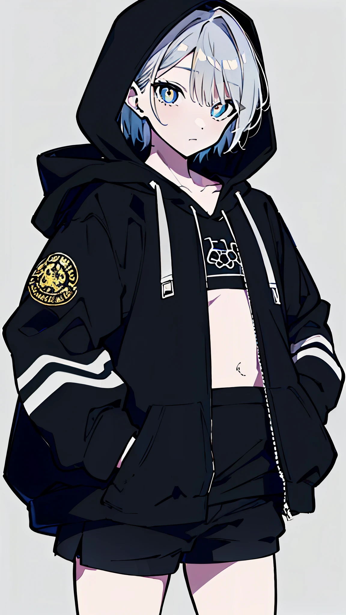 (masterpiece, highest quality:1.6), alone, thick outline, (simple background, light black background, monochrome, light black theme:1.2), official art, Key Visual, 8K, disorganized, whole body, (unique hair, oversized hoodie, hot pants, wearing a hood, arch back, short torso:1.2), belly button, thighs, cowboy shot, HDR, sharp focus, High resolution, most detailed, very detailed, Super detailed, finely, detailed eyes and face, sharp pupils, realistic student, solo, hands in pockets