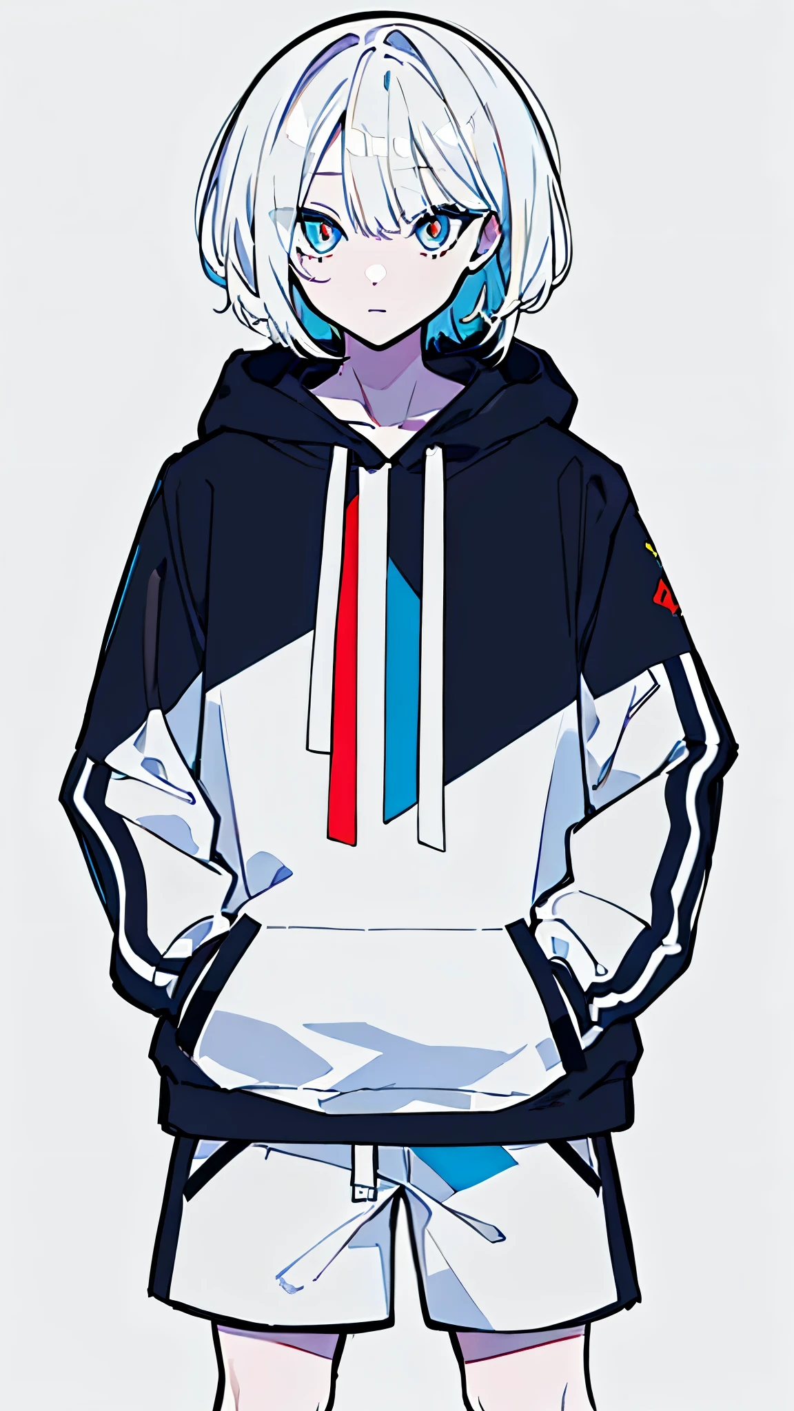 (masterpiece, highest quality:1.6), alone, thick outline, (simple background, bright white background, monochrome, bright white theme:1.2), official art, Key Visual, 8K, disorganized, whole body, (unique hair, oversized hoodie, hot pants, wearing a hood, arch back, short torso:1.2), belly button, thighs, cowboy shot, HDR, sharp focus, High resolution, most detailed, very detailed, Super detailed, finely, detailed eyes and face, sharp pupils, realistic student, solo, blue and white contrast, solo, hands in pockets