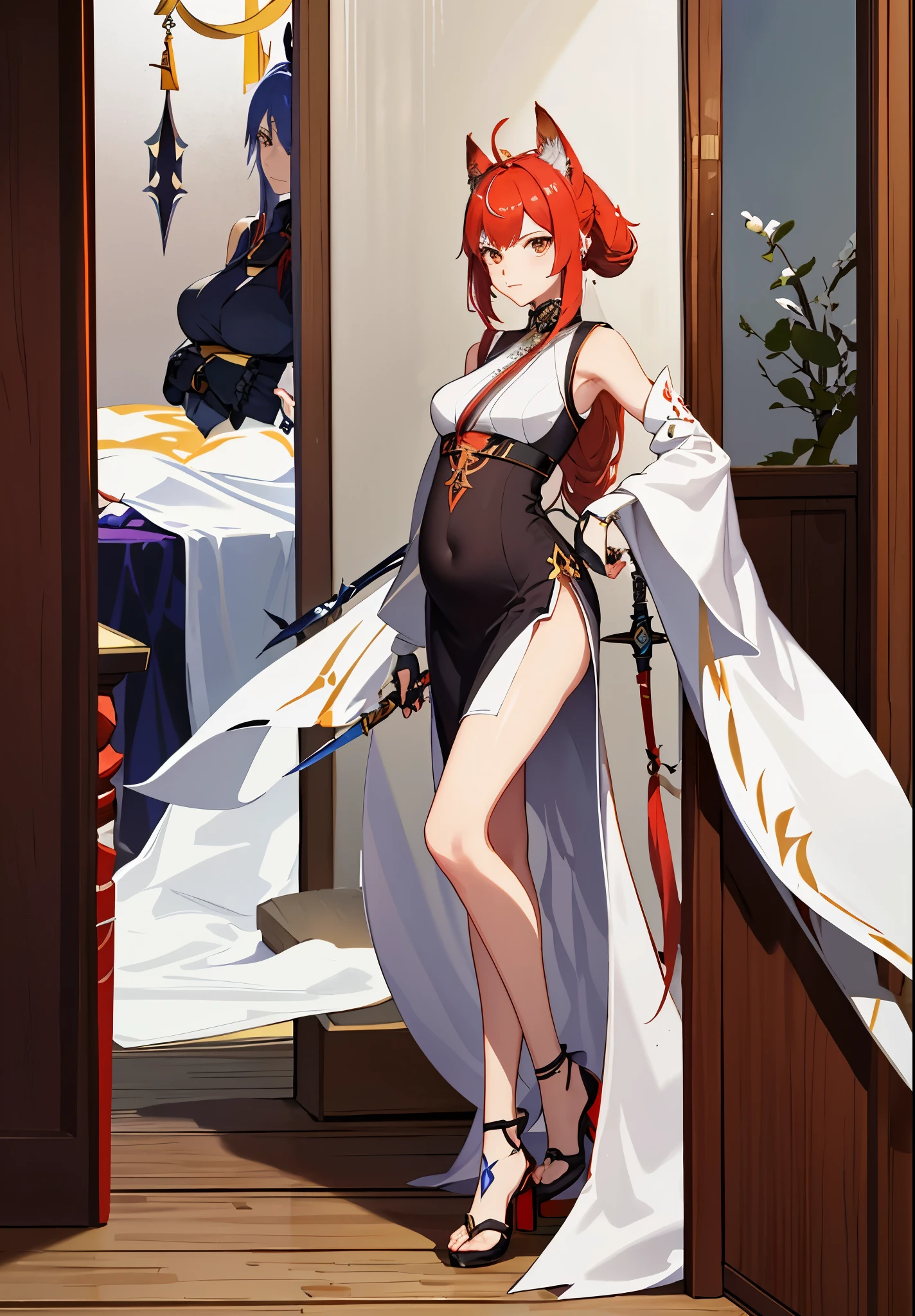 a woman in a dress holding a dagger and a dagger, video game character, from arknights, fox nobushi holding a dagger, hajime yatate, keqing from genshin impact, red haired deity, with small sword, ayaka genshin impact, female action anime girl, official character art, anime character, pregnant anime girl, fetus