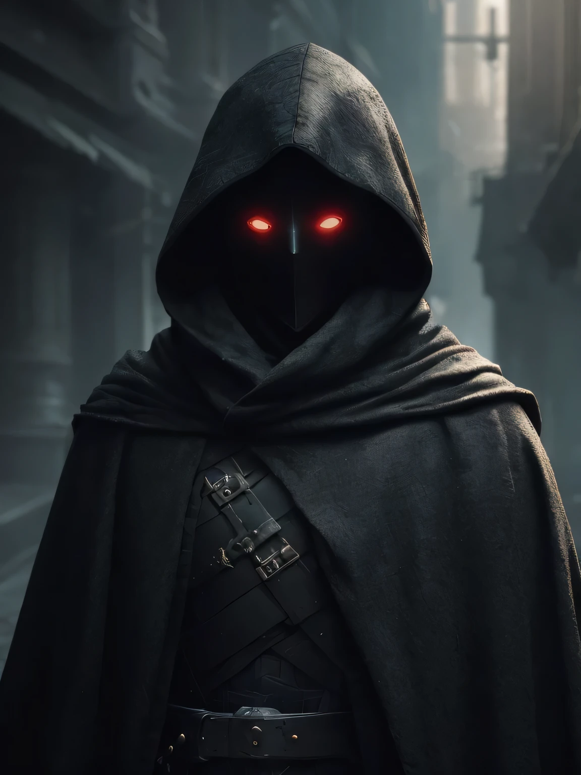 a portrait, man with a cloak, dark hooded wraith, armor, military clothing, dark cloathed, faceless, cyberpunk style, glowing eyes, (dark shot: 1.1), soft cinematic light, Adobe Lightroom, darkroom, HDR, intricate, highly detailed, (depth of field: 1.4), hyper-detail (artstation: 1.4), cinematic, warm light, dramatic light (complex details: 1.1)
