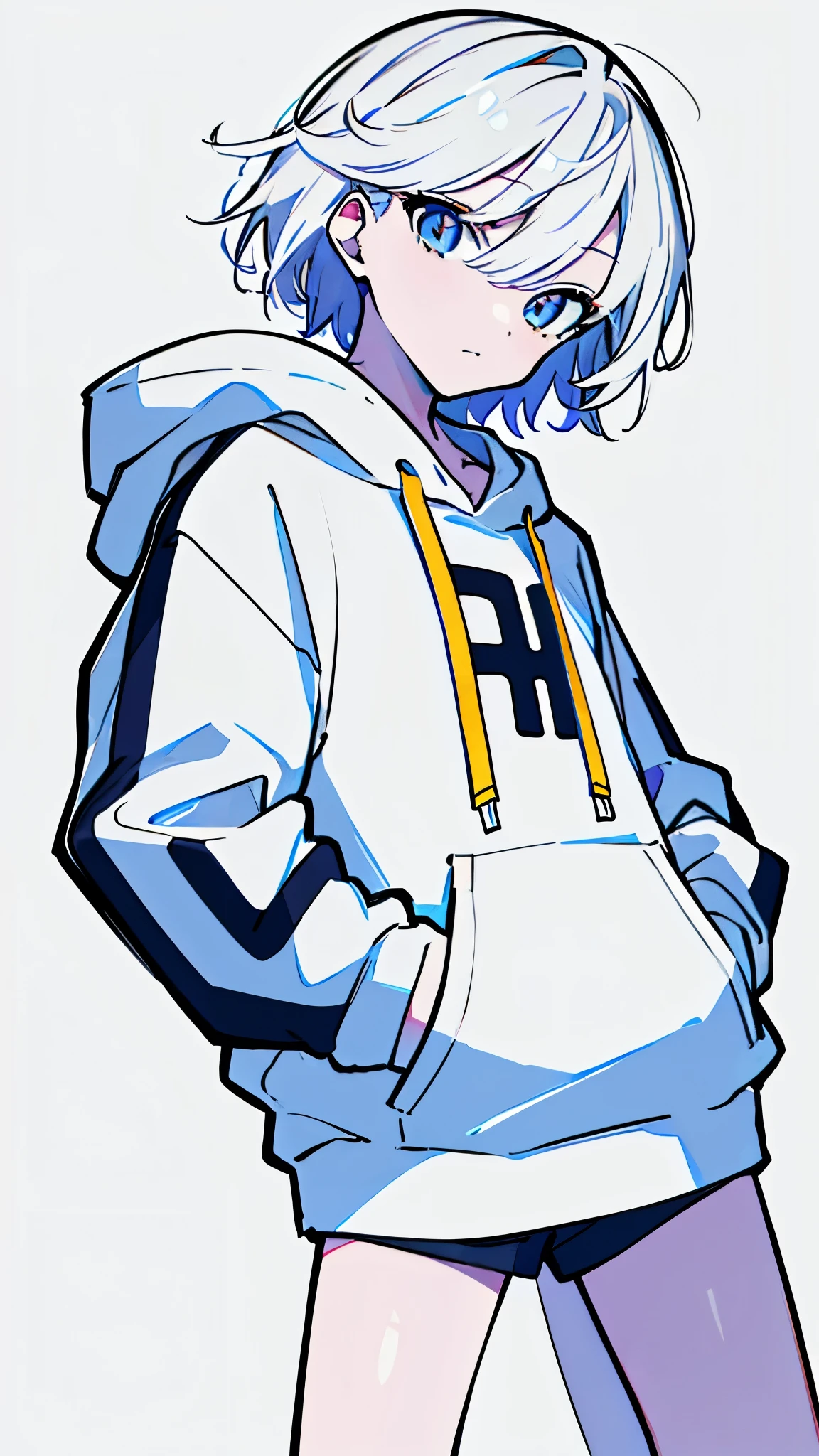 (masterpiece, highest quality:1.6), alone, thick outline, (simple background, bright white background, monochrome, bright white theme:1.2), official art, Key Visual, 8K, disorganized, whole body, (unique hair, oversized hoodie, hot pants, wearing a hood, arch back, short torso:1.2), belly button, thighs, cowboy shot, HDR, sharp focus, High resolution, most detailed, very detailed, Super detailed, finely, detailed eyes and face, sharp pupils, realistic student, solo, White contrast, solo, hands in pockets