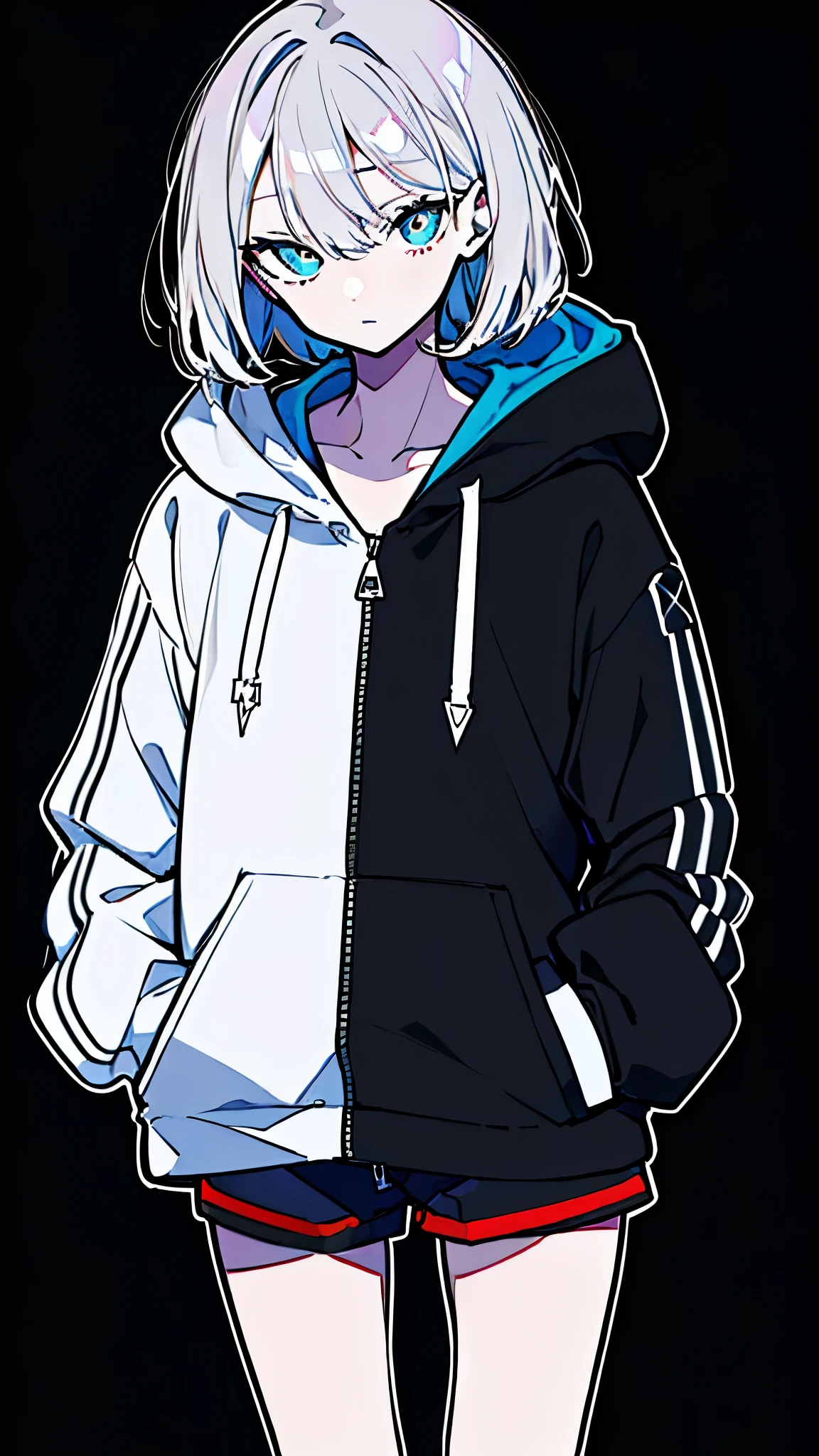 (masterpiece, highest quality:1.6), alone, thick outline, (simple background, Black background, monochrome, black theme:1.2), official art, Key Visual, 8K, disorganized, whole body, (unique hair, oversized hoodie, hot pants, wearing a hood, arch back, short torso:1.2), belly button, thighs, cowboy shot, HDR, sharp focus, High resolution, most detailed, very detailed, Super detailed, finely, detailed eyes and face, sharp pupils, realistic student, solo, White contrast, solo, hands in pockets