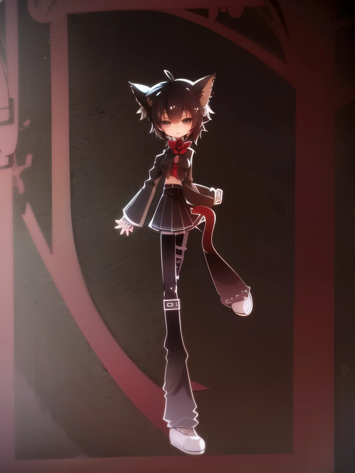 high quality，An anime amputee girl with cat ears，in school，Red and white color scheme