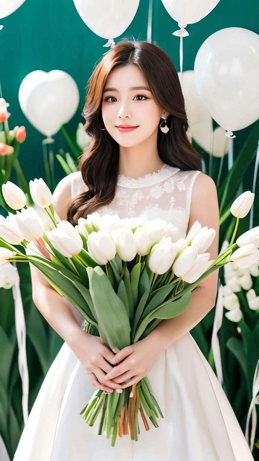 a girl is wearing beautiful long-armed white dress and holding a bunch of tulips. She is standing in front of many heart-shape white balloons.