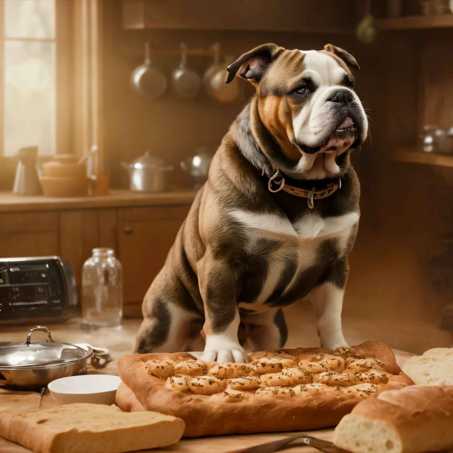 A fantasy cinematic drawing of an english bulldog in a kitchen, making bread while looking at the camera
