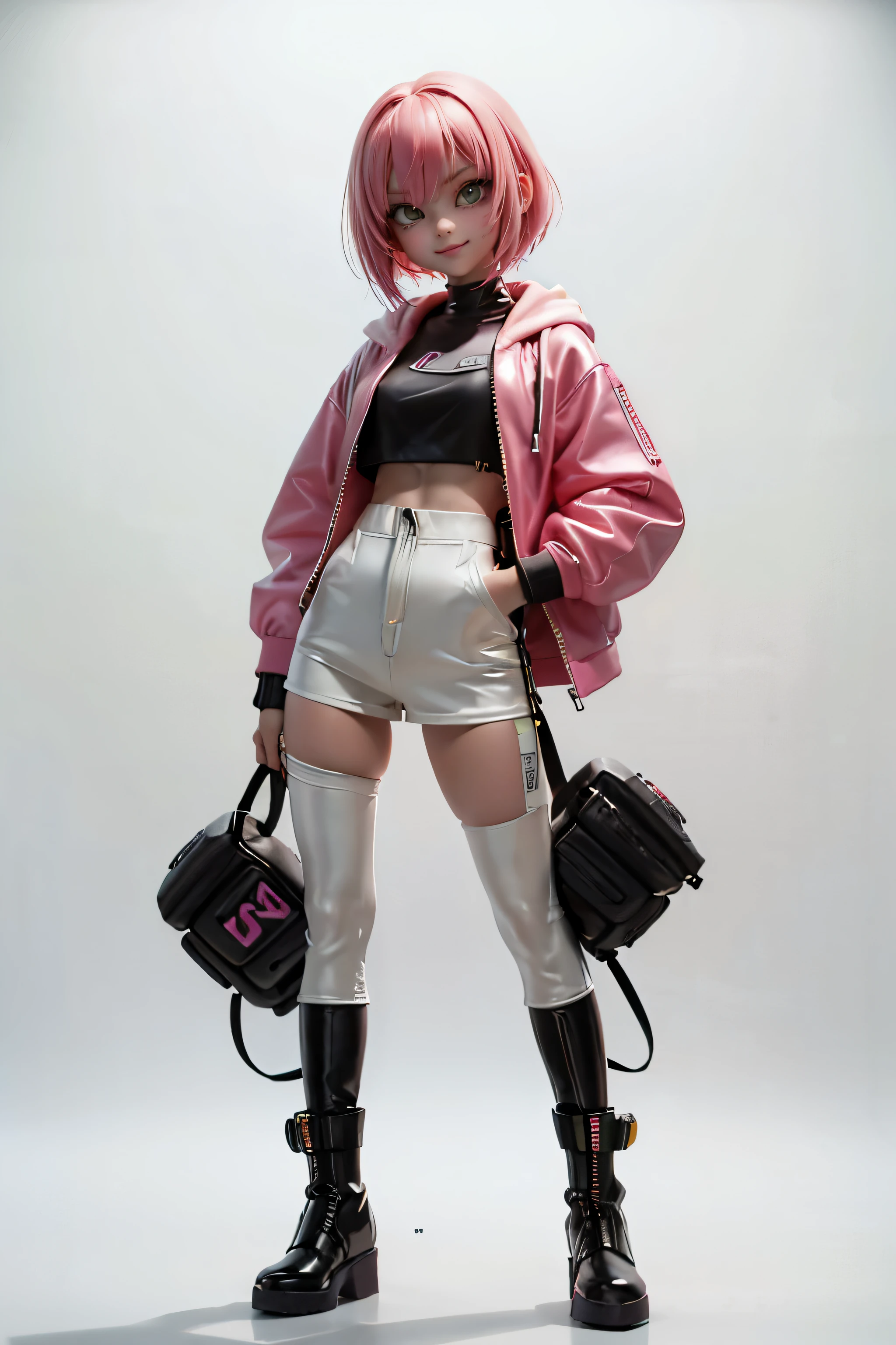 (1 beautiful girl), (pink bob cut hair), 18-year-old, joy, smile, yellow and light green vinyl jacket, hoodie, Ninja Artist, (futuristic cyberpunk style)、Black vinyl pants、pink vinyl boots、Are standing, (front view only), whole body, concept art、((Simple white background))