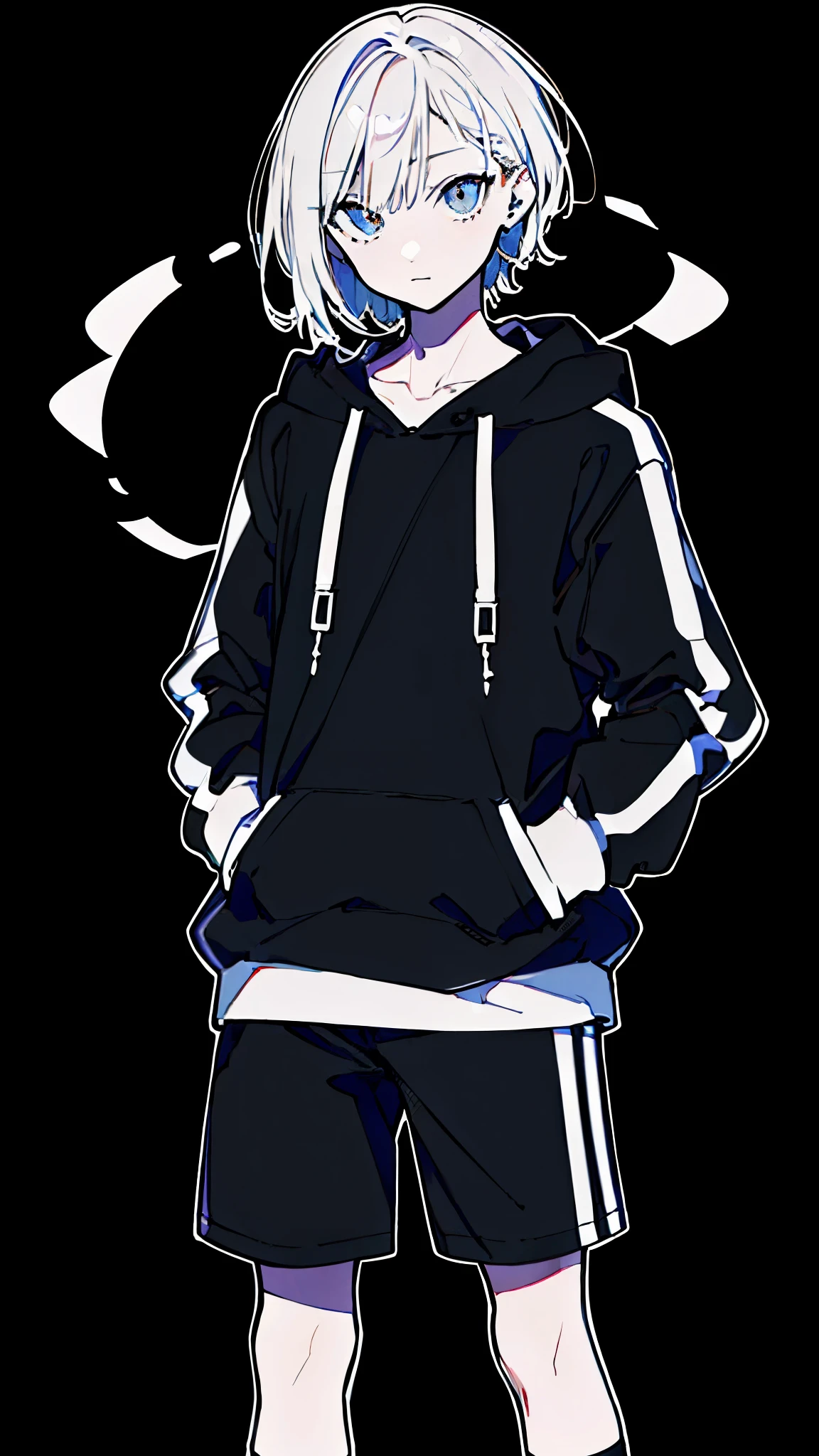 (masterpiece, highest quality:1.6), alone, thick outline, (simple background, light black background, monochrome, light black theme:1.2), official art, Key Visual, 8K, disorganized, whole body, (unique hair, oversized hoodie, hot pants, wearing a hood, arch back, short torso:1.2), belly button, thighs, cowboy shot, HDR, sharp focus, High resolution, most detailed, very detailed, Super detailed, finely, detailed eyes and face, sharp pupils, realistic student, solo, hands in pockets