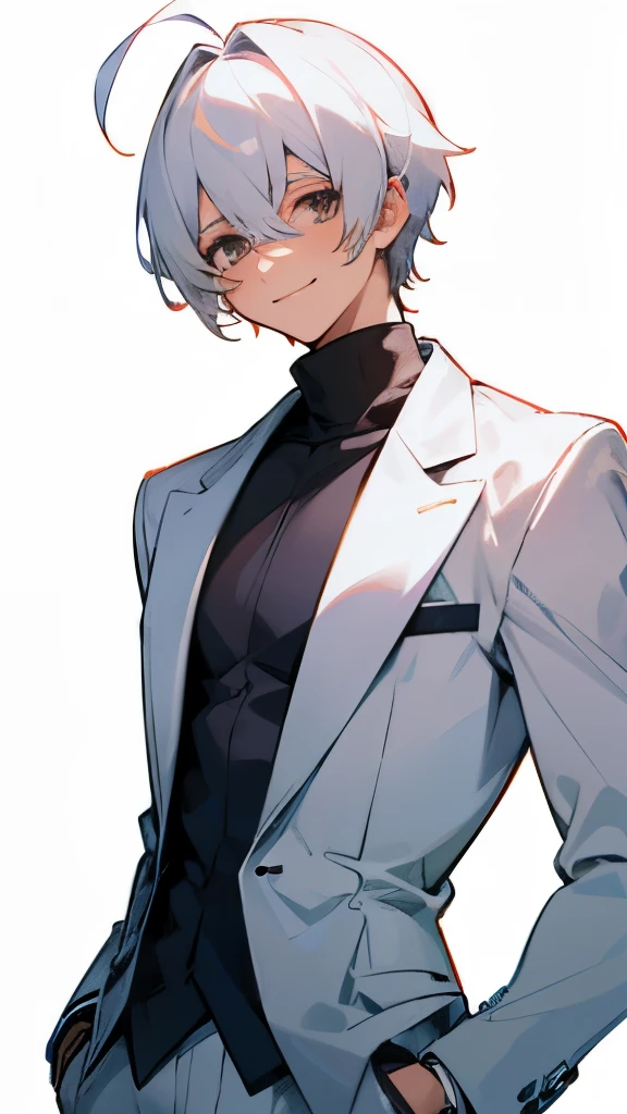 A boy, ahoge, turtleneck, white suit, white hair, simple background, smile, 