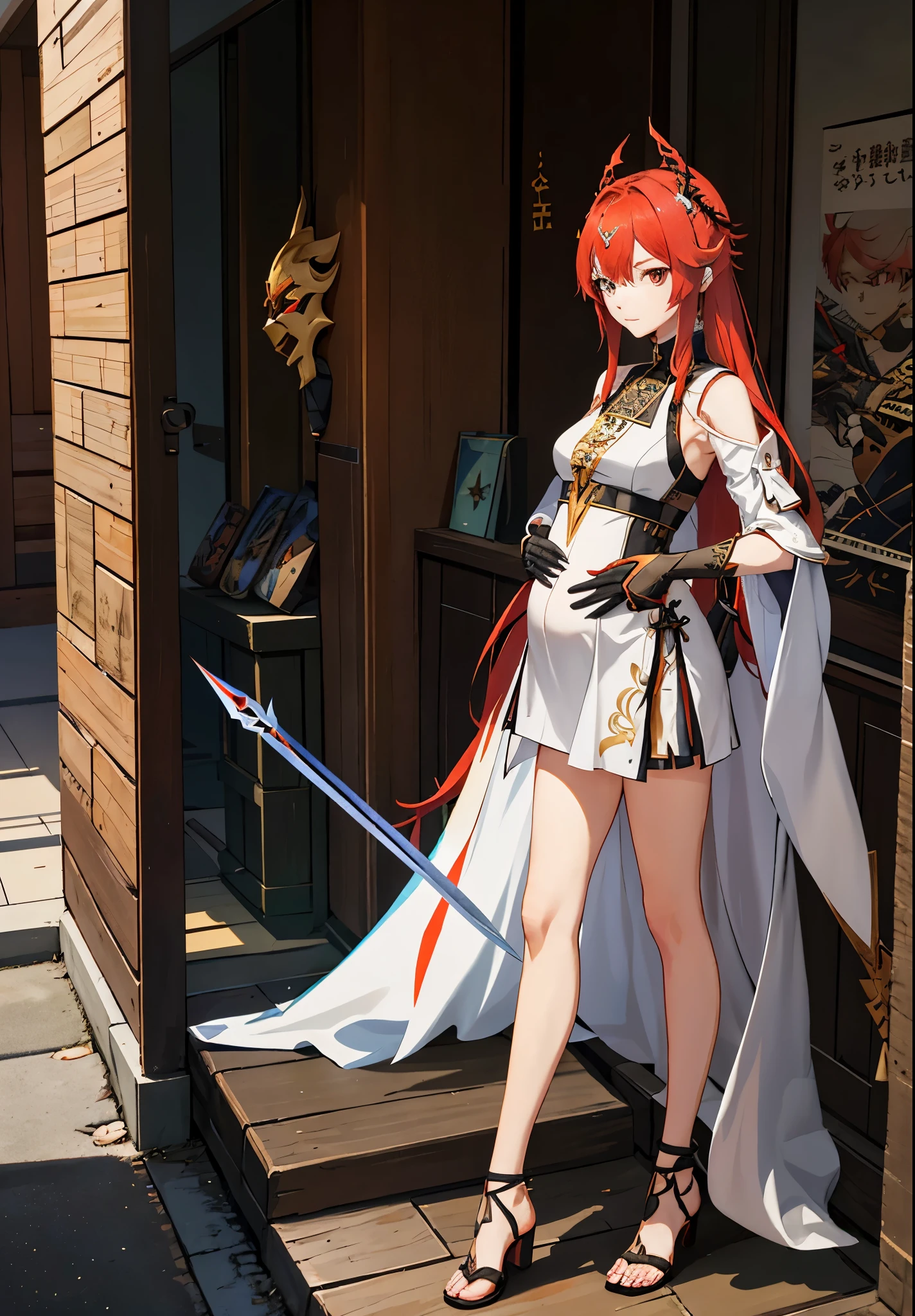 a woman in a dress holding a dagger and a dagger, video game character, from arknights, fox nobushi holding a dagger, hajime yatate, keqing from genshin impact, red haired deity, with small sword, ayaka genshin impact, female action anime girl, official character art, anime character, pregnant anime girl, fetus