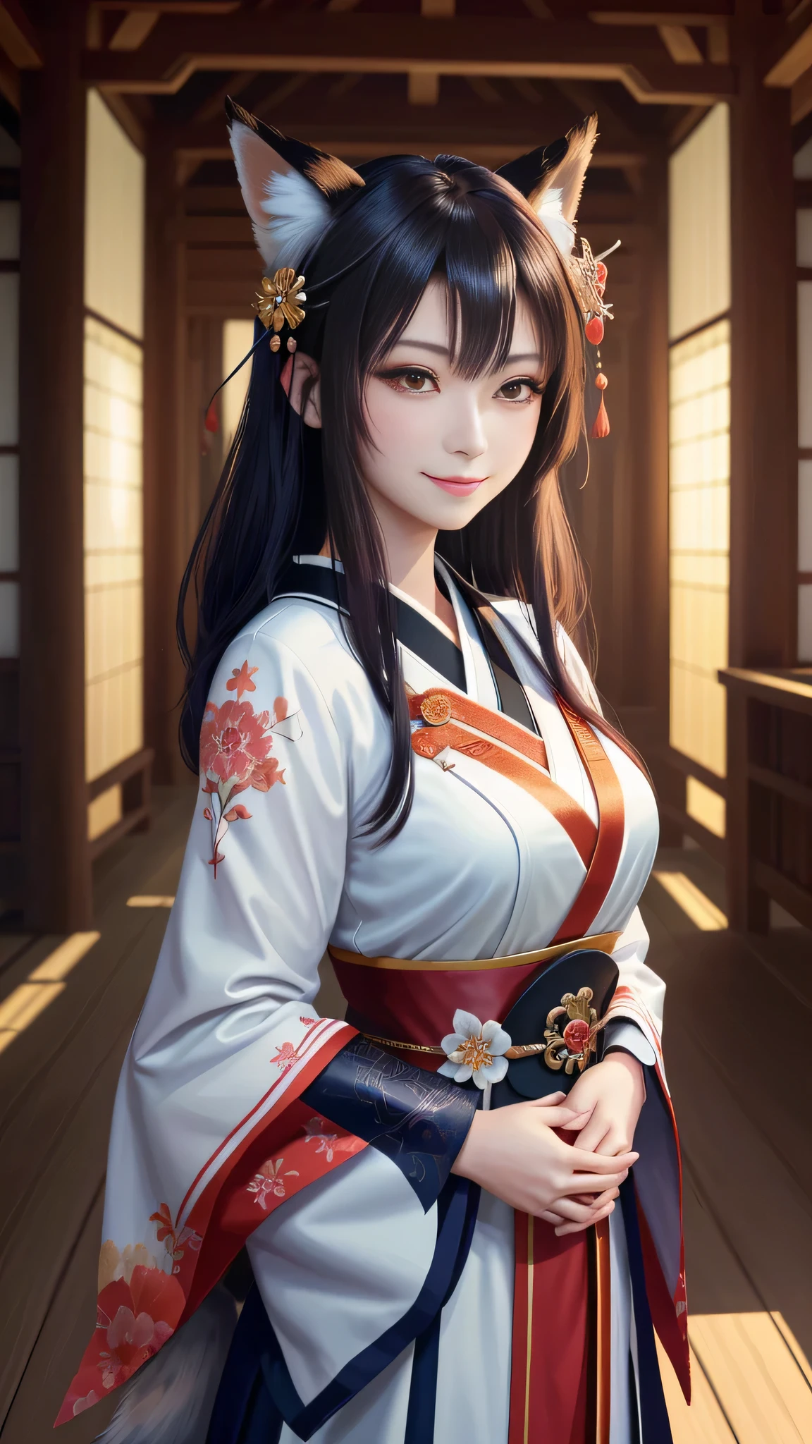 masterpiece , highest quality,close up of face,smile,The whole body is facing forward,colorful hair,Sharp contrast,short hair,美しいフォルムのshort hair,just one person,precision quality,, masterpiece, japanese architectureの背景,beautiful details, colorful, delicate details, delicate lips, intricate details, genuine, ultrargenuineista, 枝に座っている色とりどりの髪のFoxを持つ女の子:mature, bright eyes, ,色とりどりのFox, Raposa the Nine Tails, 三尾Fox, 三尾Fox, Onmyoji Detail Art, beautiful art illustration, mythical creatures, Fox, beautiful digital art,shrine maiden,japanese architecture,Holding hands,exquisite digital illustration, mizutsune, Inspired by mythical wild nest creatures, pixiv in digital art, dazzling light, high contrast, Mysterious,
