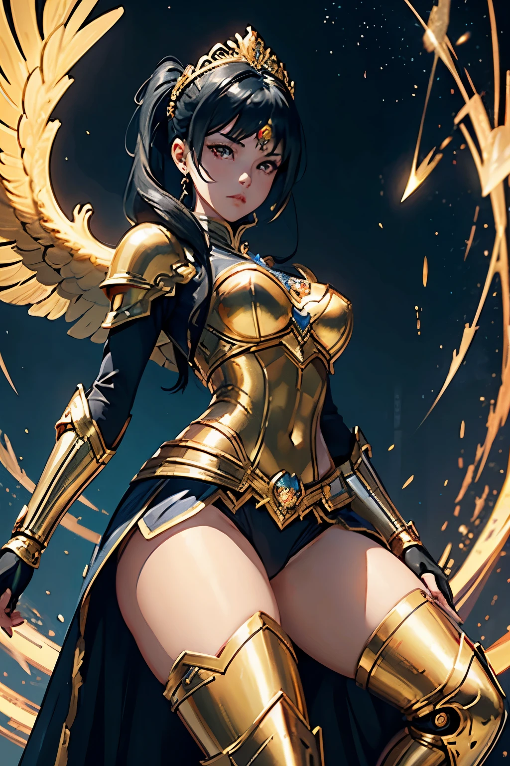 Photo of an anime Royal princess 30y girl with a robotic armor, in gold and white armor valorant art style, heavy armor gloves and boots, majestic simple tiara, pelvic curtain, short black hair in twintails, looking at viewer, head tilt, midriff, symmetrical facial features, sharp focus, 8 k high definition, insanely detailed, stylized Wonderwoman belt bucle, elegant, breathtaking , bright golden eyes extremely detailed, armor of iridescent metals, fantasy, intricate, stylized gold and white fiery wings (large guardian angel white feathers wings:0.9), (swirling energy:0.4), digital painting, artstation, concept art, illustration, art by ilya kuvshinov and wlop and z - - ed and tian zi, stanley lau and artgerm, , V-Ray, full hd -- s5000 --uplight --q 3 --stop 80--w 0.5 --ar 1:3