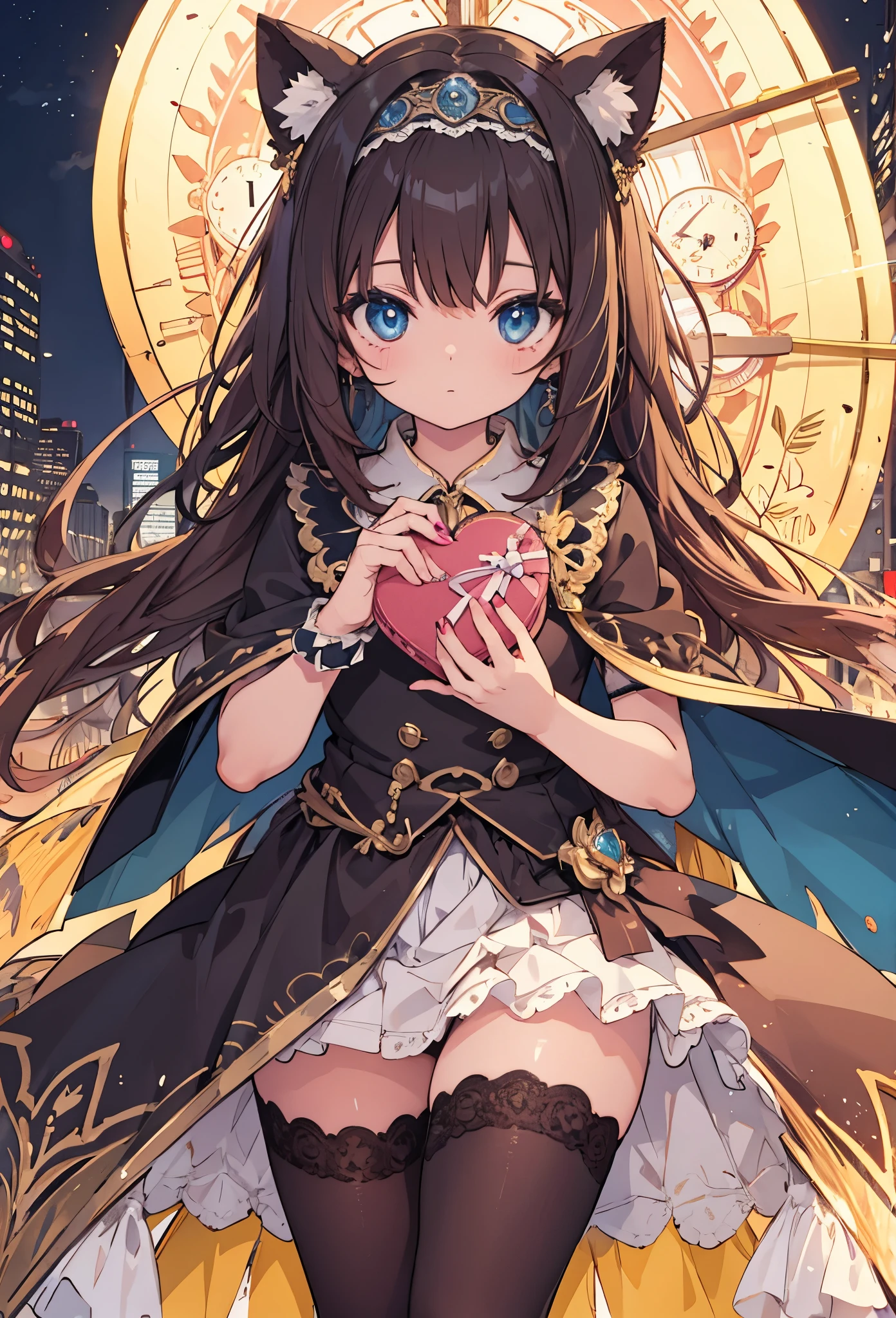 ((Highly accurate drawing in every detail)Extremely precise depiction)[High resolution],(detailed illustrations,Very detailed and precise drawing,Delicate drawn lines with tempo,Realistic texture expression),[color traced main line],[neon city at night [night view],(HENTAI anime Girl (Pretty) 13 years old (low length[Plump])) (Cream brown hair[straight hair])((valentine&#39;s day magical girl)),([cacao fruit((heart mark))]headband)(chocolate colored cape(puff sleeves)[Lace Ruffled Ribbon](Tiered skirt))[[low rise]Color stockings],[Silk Fabric][[The body is decorated and wrapped with ribbons.]],transparency [Soft ambient light] gravure [Colorful],(intricate and beautiful decoration [Dense detail]),(Fine and beautiful skin expression [transparency]),((Precisely drawn eyes))[完璧な目のdetailed((Beautiful eyes like jewels)Iris drawn in precise detail)[clearly drawn pupils]],[eyes light[Pinpoint lighting for the eyes]],[long and beautiful eyelashes],[precisely drawn hair [美しく艷やかな髪のdetailed]],(完璧な手のdetailed [Beautiful fingers with no damage [beautiful nails]]),(perfect anatomy(perfectly balanced proportions))[[full body portrait]],[ideal color coordination(Accurate simulation of light and material interactions)],([Precision Detail](detailed,High definition)),[[Pale and gentle colors]][Visual art that tells a story].