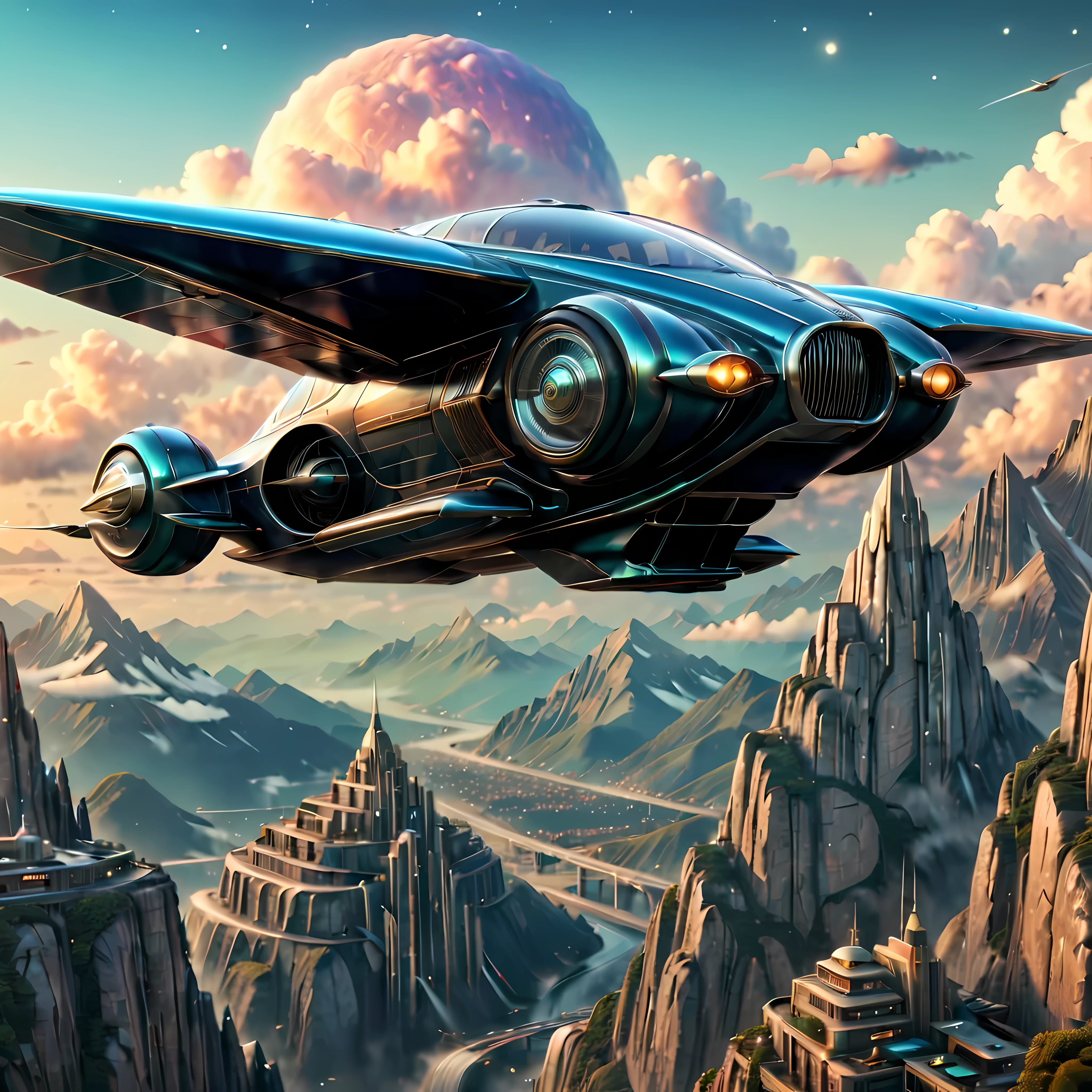 art deco style flying car, art deco style science fiction, background is vast mountain

(best quality,4k,8k,highres,masterpiece:1.2),ultra-detailed,(realistic,photorealistic,photo-realistic:1.37),HDR,UHD,studio lighting,ultra-fine painting,sharp focus,physically-based rendering,extreme detail description,professional,vivid colors,bokeh.