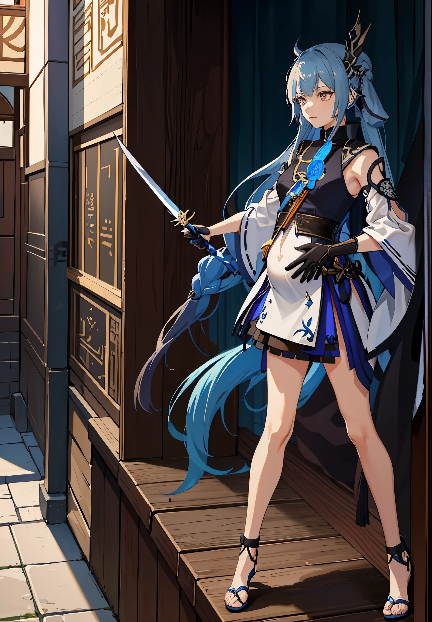 a woman in a dress holding a dagger and a dagger, video game character, from arknights, fox nobushi holding a dagger, hajime yatate, keqing from genshin impact, blue haired deity, with small sword, ayaka genshin impact, female action anime girl, official character art, anime character, pregnant anime girl, fetus