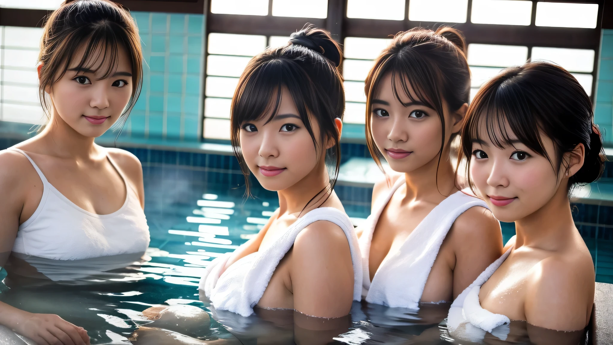 public baths, the body and face turn in the direction of the viewer, ((Towel barely)), ((Best quality)), ((masterpiece)), ((photorealistic)), ((ultra high res)), (8K raw photo), 20 years old, beautiful face, cute small_breasts, ((Perfect Face)), brunette, full shot of beautiful girls, detailed skin, detailed background, finely detailed, 8k uhd, dslr, detailed fingers, skintight, some steam, 3cute girls in a japanese public bath,, (photo of the upper body), 最高品質、(解剖学的に正確な身体)、濡れた髪、naked towels, not NSFW,