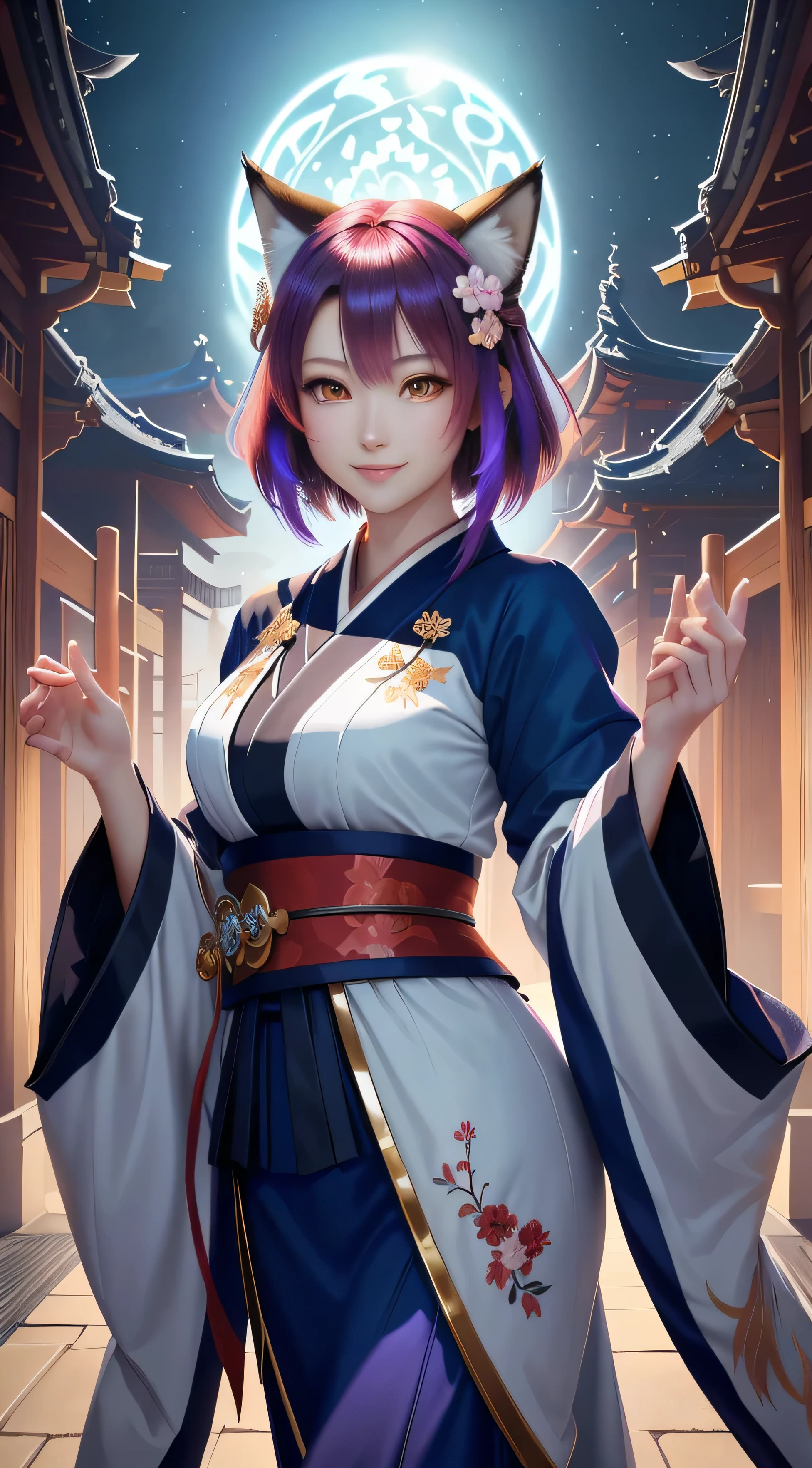 masterpiece , highest quality,close up of face,smile,The whole body is facing forward,colorful hair,Sharp contrast,short hair,美しいフォルムのshort hair,just one person,precision quality,, masterpiece, japanese architectureの背景,beautiful details, colorful, delicate details, delicate lips, intricate details, genuine, ultrargenuineista, 枝に座っている色とりどりの髪のFoxを持つ女の子:mature, bright eyes, ,色とりどりのFox, Raposa the Nine Tails, 三尾Fox, 三尾Fox, Onmyoji Detail Art, beautiful art illustration, mythical creatures, Fox, beautiful digital art,shrine maiden,japanese architecture,Holding hands,exquisite digital illustration, mizutsune, Inspired by mythical wild nest creatures, pixiv in digital art, dazzling light, high contrast, Mysterious,