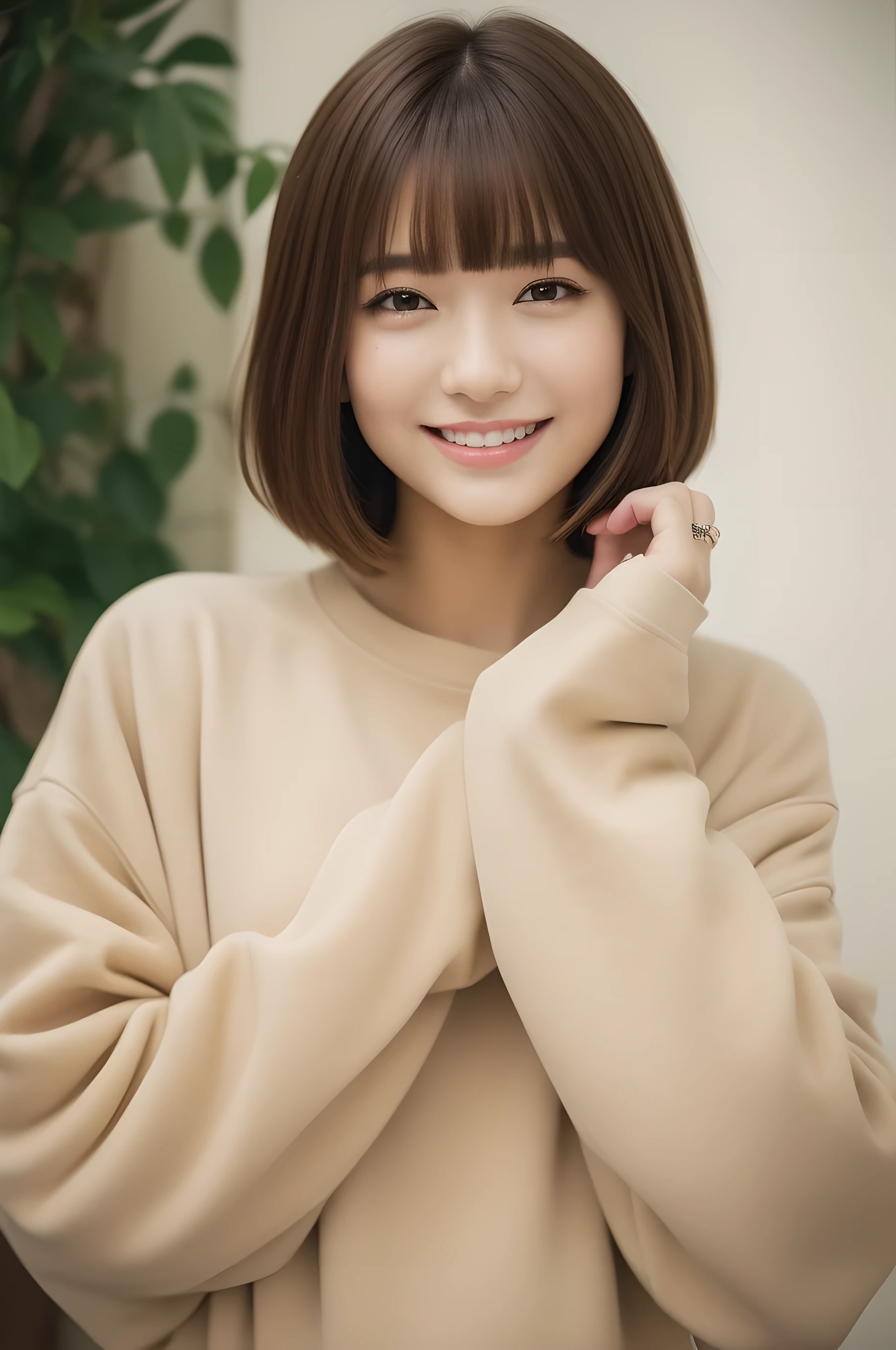 (超A high resolution、Photorealsitic、realisitic、top-quality、Photorealsitic)、(in 8K、Raw foto、top-quality、masterpiece)、(photon maping、physically-based renderingt、auto white balance)、Technical sense、top-quality、masterpiece、illustratio、nffsw、Unity、wall-paper、Official art、astonishing、finely detail、extremely delicate and beautiful、ighly detailed、foco nítido、Rich background、blurry backround、(realperson、a picture)、(((High Detail Skin)))、(Beautiful girl、Little devil atmosphere、18year old、college aged、Brown hair)、(((Short Bob Hair、Bangs)))、(a smile)、(Fashionable、Beige oversized sweatshirt、long-sleeve)