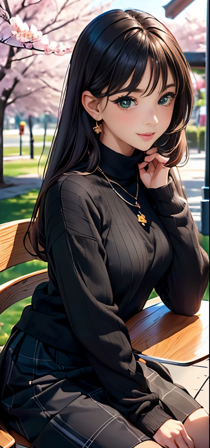 ((table top, highest quality, High resolution, nffsw, perfect pixel, written boundary depth, 4K, nffsw, nffsw))), 1 girl, single, alone, beautiful anime girl, beautiful art style, anime character, ((long hair, bangs, brown hair)), ((green eyes:1.4, round eyes, beautiful eyelashes, realistic eyes)), ((detailed face, blush:1.2)), ((smooth texture:0.75, realistic texture:0.65, realistic:1.1, Anime CG style)),  dynamic angle, ((Black sweater, long sleeve, black skirt, plaid skirt, Fashionable, 1 diamond necklace)), smile,  amusement park, ((cherry blossoms, cherry blossomsの花が散る))