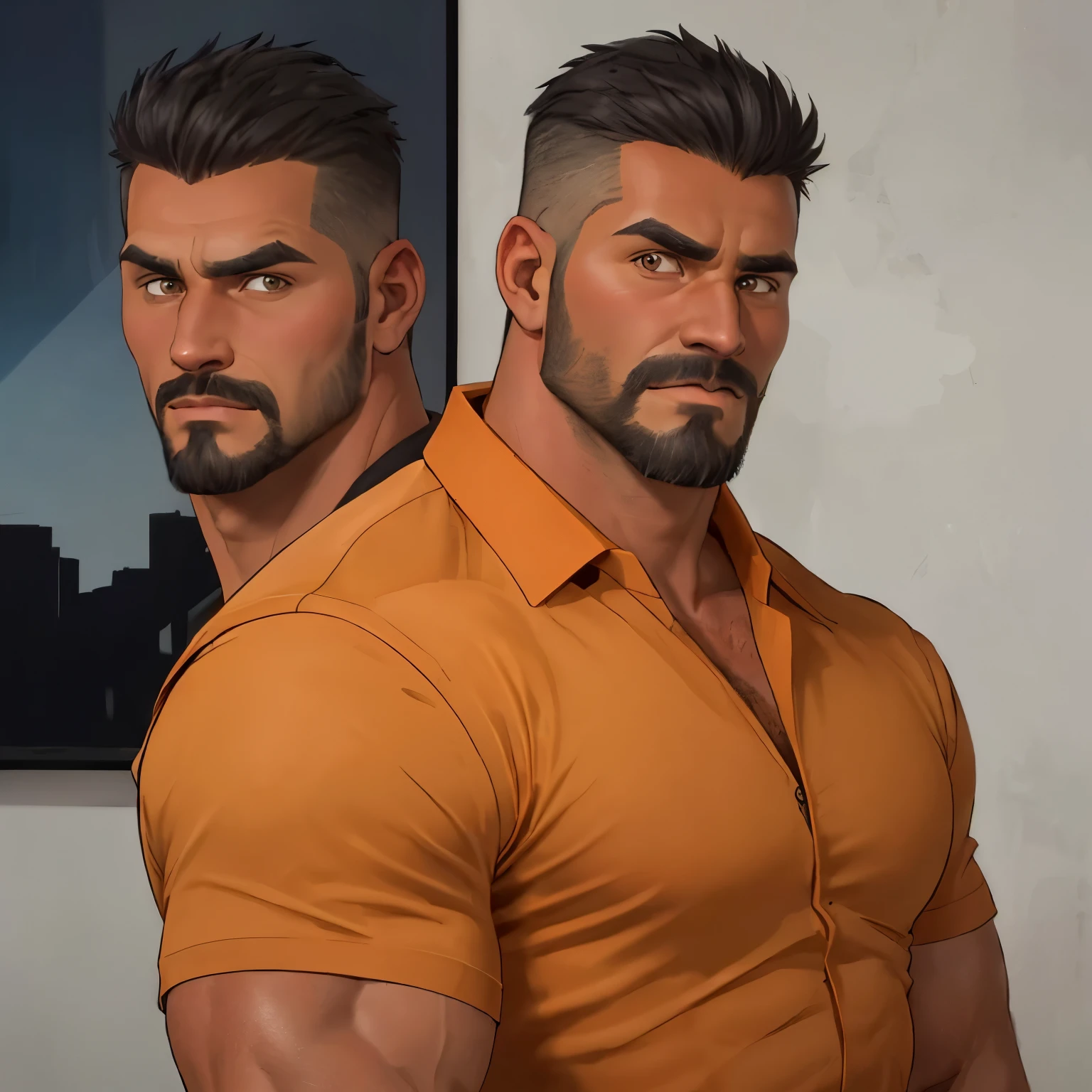 Masterpiece, Best Quality, Ultra Detailed, 1man, mature male, muscular, hunk, bara, jock, beef, black skin, black, taned skin, latino, 36 years old, black hair, grizzly hair, goatee, overcut hair, looking at the viewer, serious expression, orange shirt, half body shot