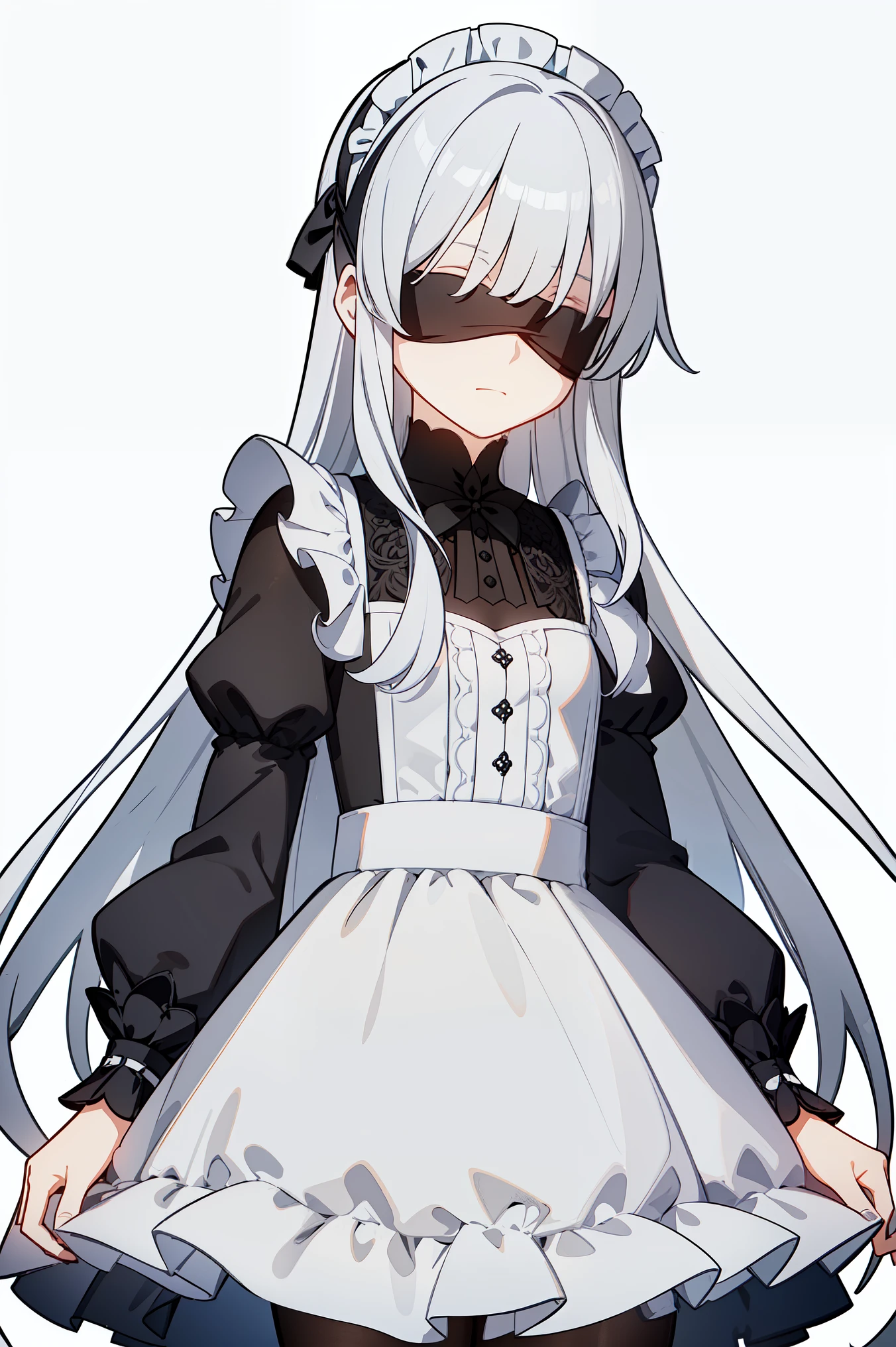 (masterpiece, best quality, ultra high quality, helltaker style, sketch:1.1), 1girl, solo, human girl, young with long hair, very long hair, gray hair, straight hair, blunt bangs, hair between eyes, (covered eyes, blindfold:1.2), small breasts, flat chest, neutral, innexpressive, small smile, :<, wearing a victorian white dress, maid, maid dress, white apron, long dress skirt, leggings, black pantyhose, upper body, standing, hands behind back, white background, simple background,