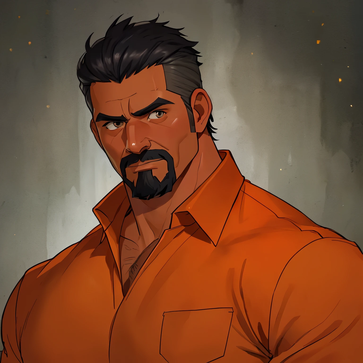 Masterpiece, Best Quality, Ultra Detailed, 1man, mature male, muscular, hunk, bara, jock, beef, black skin, black, taned skin, latino, 36 years old, black hair, grizzly hair, goatee, overcut hair, looking at the viewer, serious expression, orange shirt, half body shot